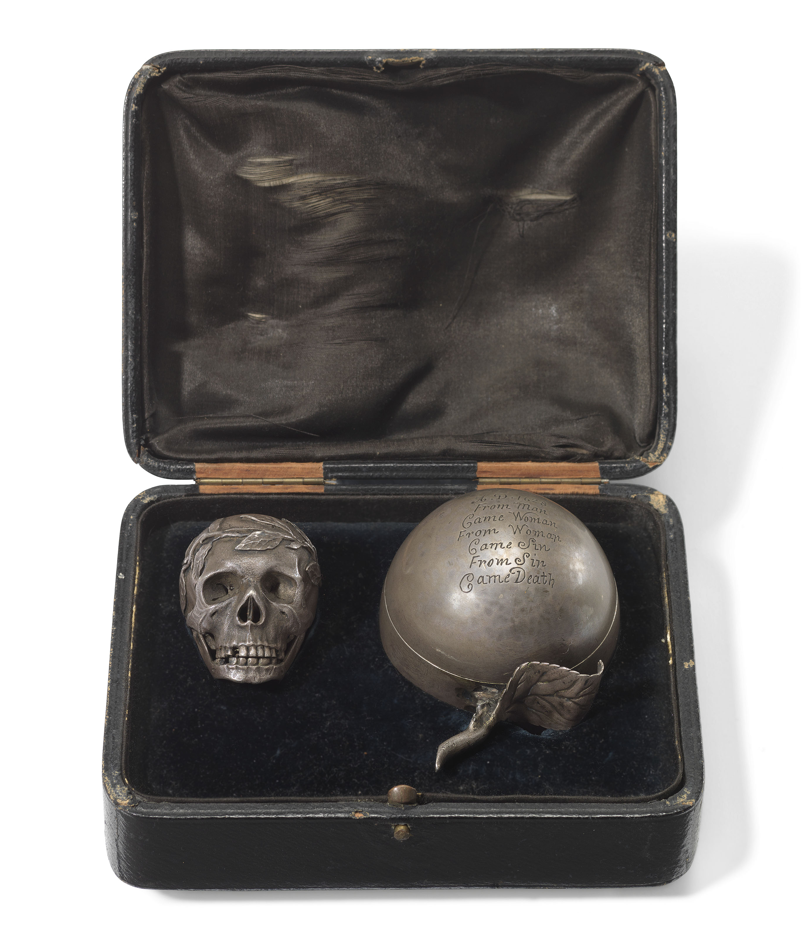 A 17th-century silver skull pomander. Skull: 2 in (5 cm) long; apple 3&frac14;  in (8.3 cm) high. Estimate: &pound;12,000-18,000. Offered in The Oliver Hoare Collection&nbsp;on 25 October 2019 at Christie&rsquo;s in London