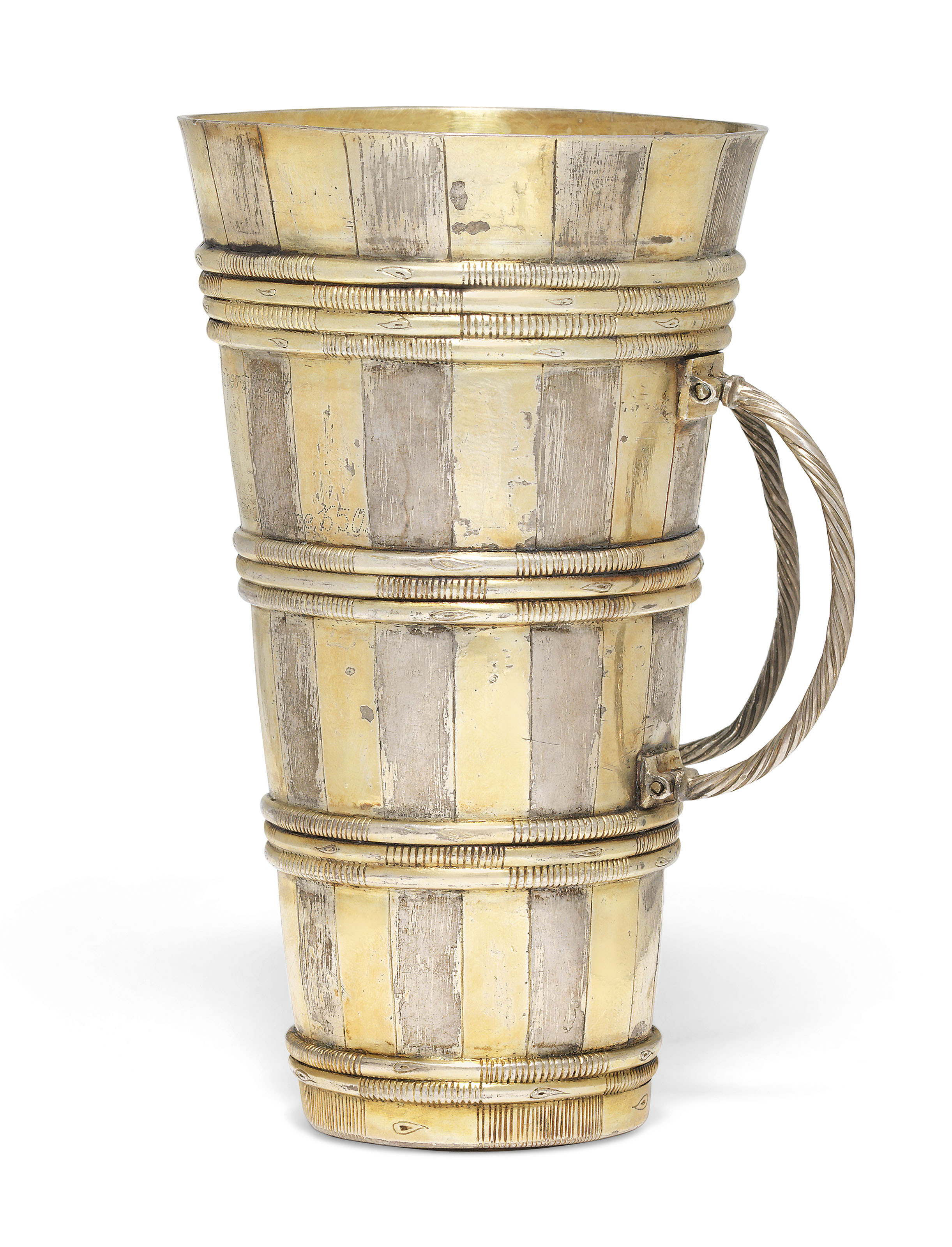 A Louis XIII parcel-gilt silver cup from a B&uuml;ttenmann figure. Mark of David Zwirlin, Strasbourg, circa 1610.&nbsp;5⅞  in (15 cm). Estimate: &pound;15,000-25,000. Offered in The Oliver Hoare Collection&nbsp;on 25 October 2019 at Christie&rsquo;s in London