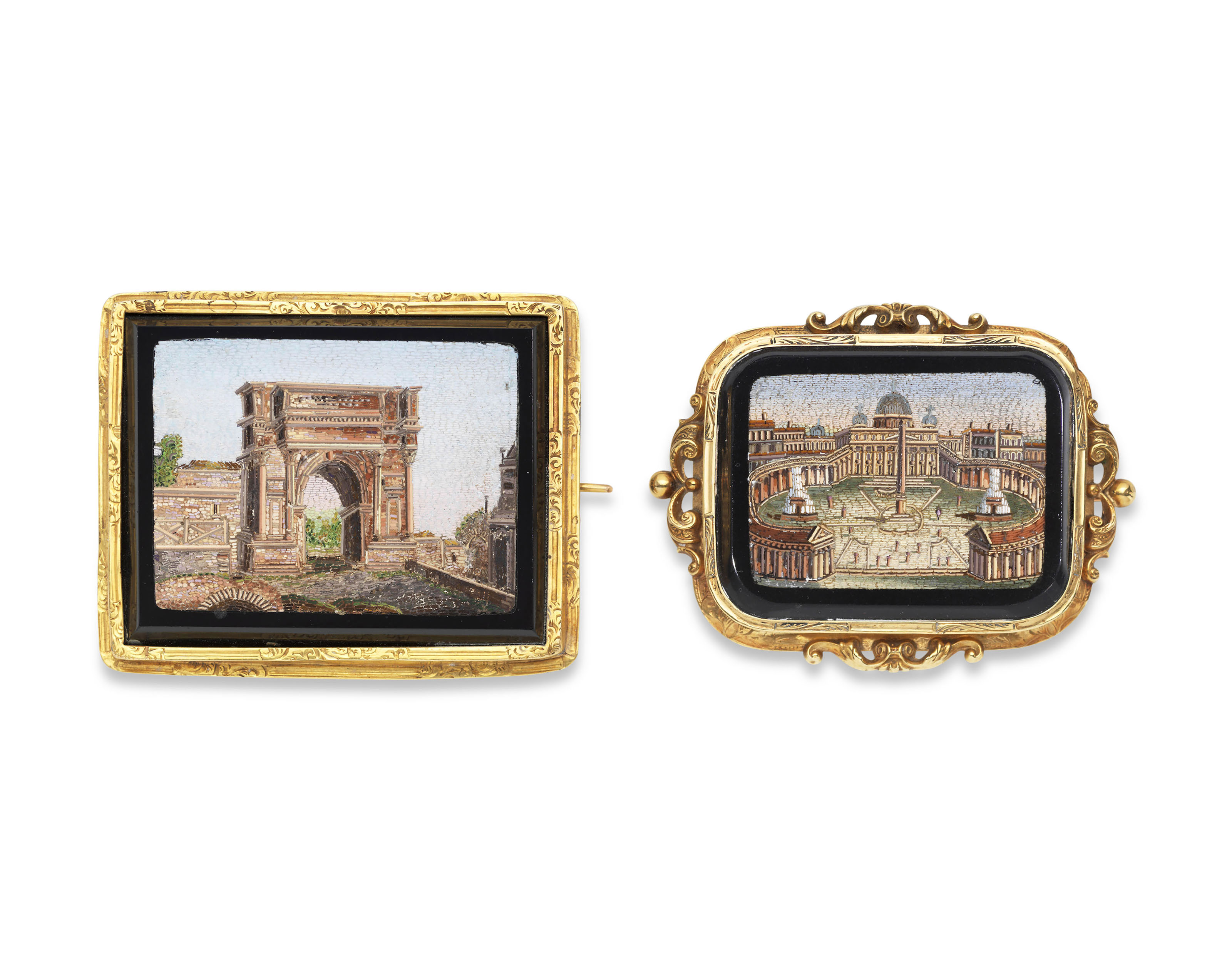 A PAIR OF ITALIAN BROOCHES EACH SET WITH A MICROMOSAIC PLAQUE, ROME ...