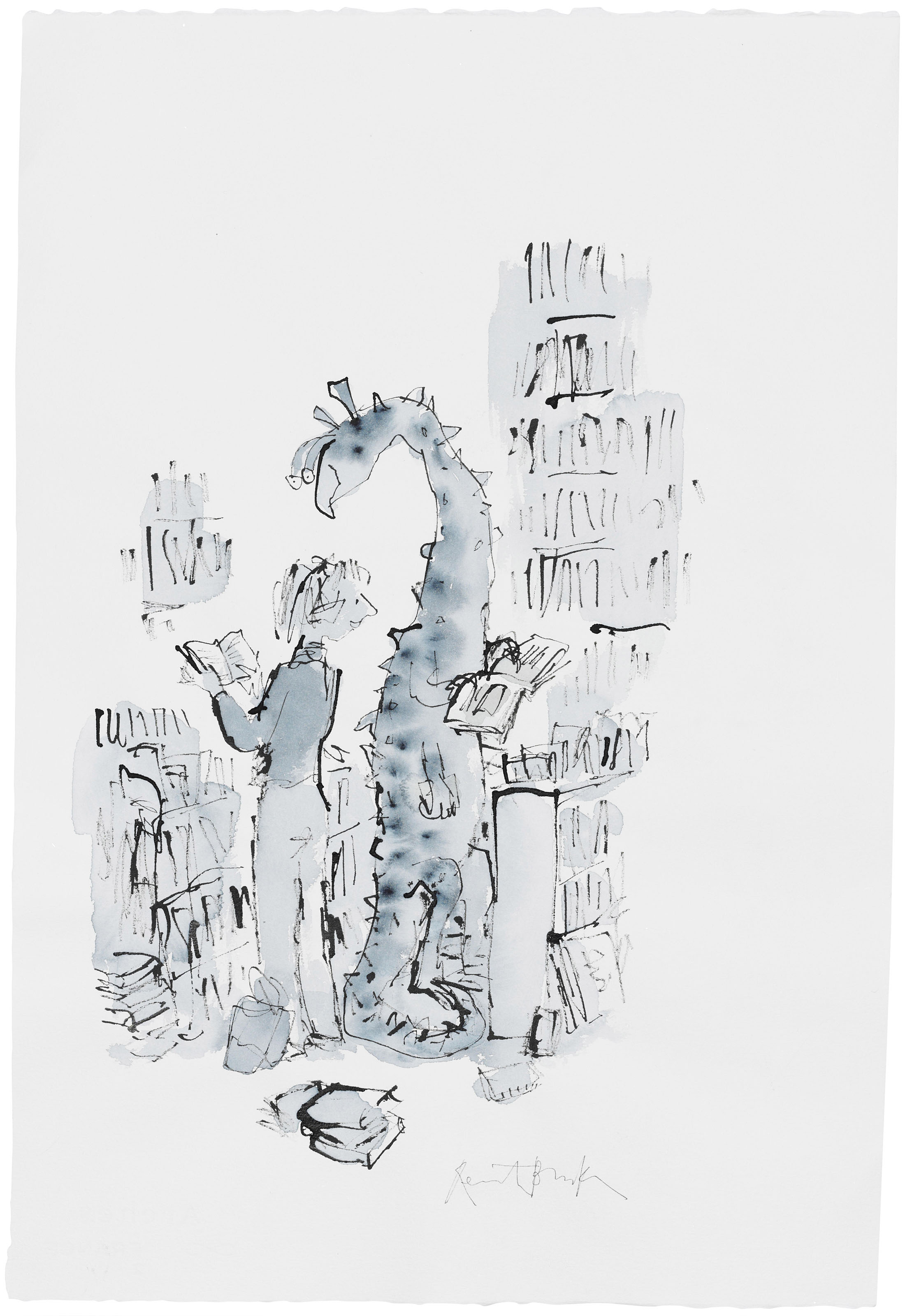 Quentin Blake (b.1932), Meeting of Two Interested Readers. Pen, ink, watercolour, watercolour paper, signed. 565 x 380 mm. Estimate: &pound;2,000-3,000. Offered in
Quentin Blake: Not in Books, 10-17 December 2019, Online