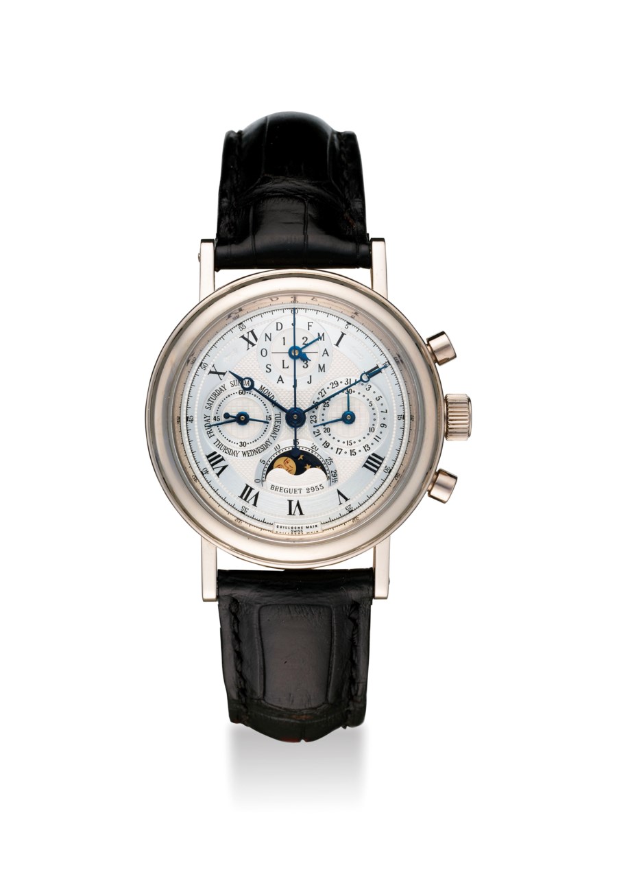 BREGUET. AN ATTRACTIVE AND VERY FINE PLATINUM PERPETUAL CALENDAR CHRONOGRAPH WRISTWATCH WITH
