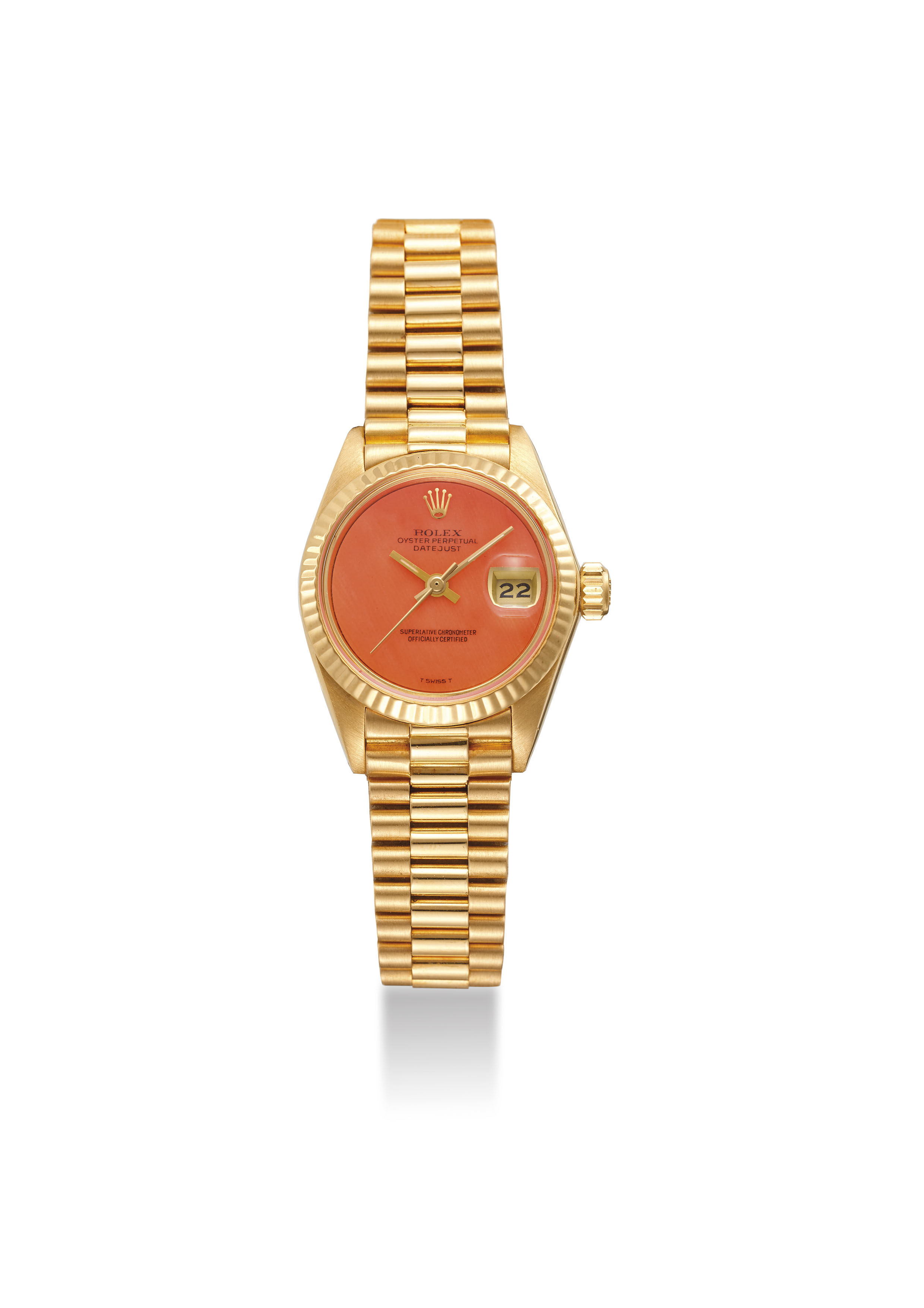 Rolex An Extremely Fine And Rare 18k Gold Automatic Wristwatch With A Coral Dial Sweep Centre Seconds Date And Bracelet