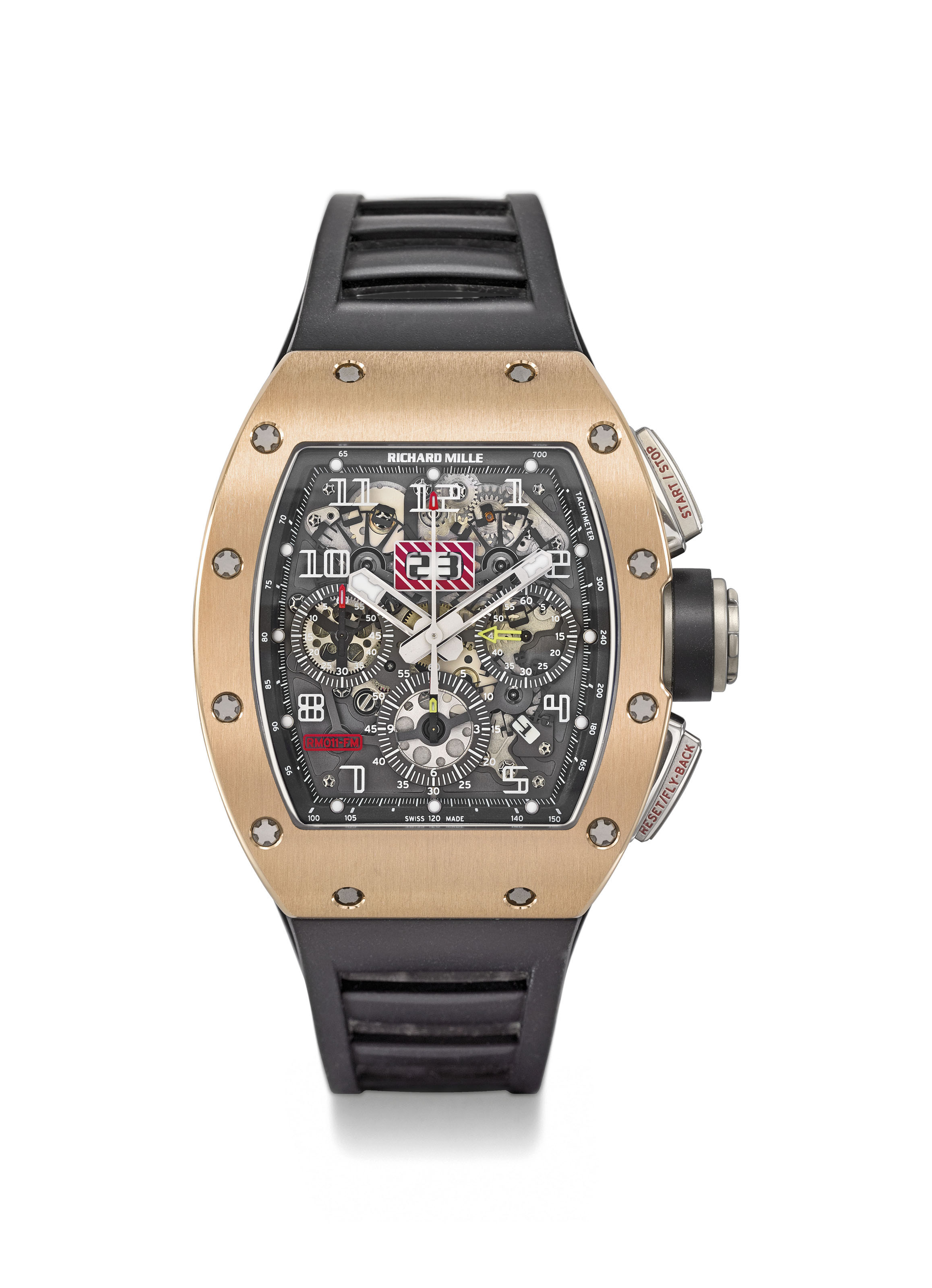 Richard Mille A Very Rare And Impressive 18k Pink Gold And Titanium Automatic Semi Skeletonized Flyback Chronograph Wristwatch With Oversize Date Month 60 Minute Countown Original Warranty And Box Signed Richard Mille