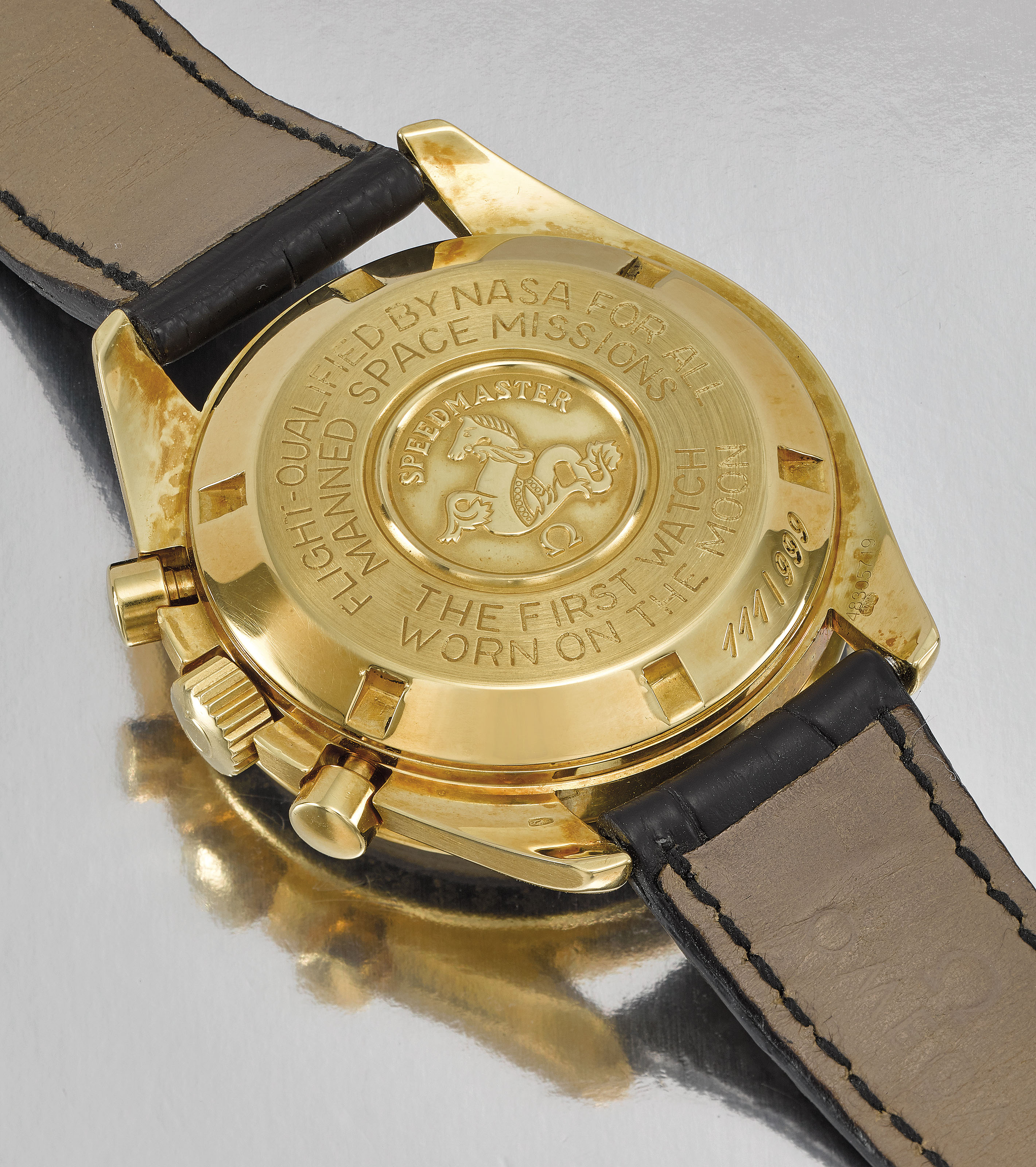 OMEGA. A RARE 18K GOLD LIMITED EDITION CHRONOGRAPH WRISTWATCH WITH BOX