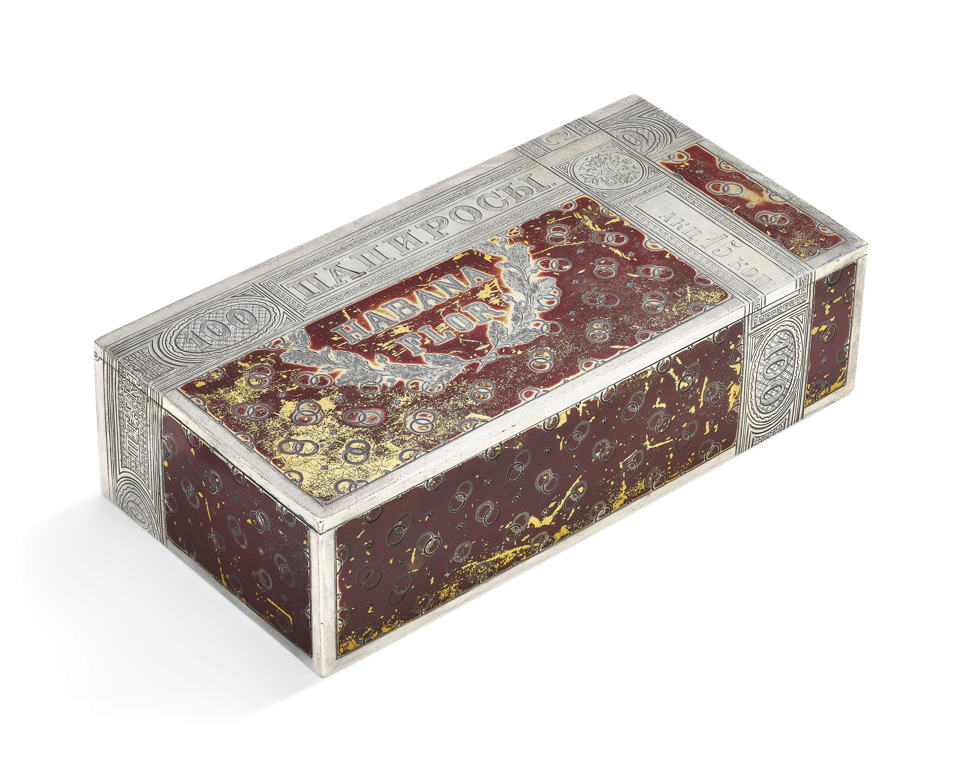 SILVER AND LACQUER TROMPEL'ŒIL CIGAR BOX MAKER'S MARK 'AE', MOSCOW
