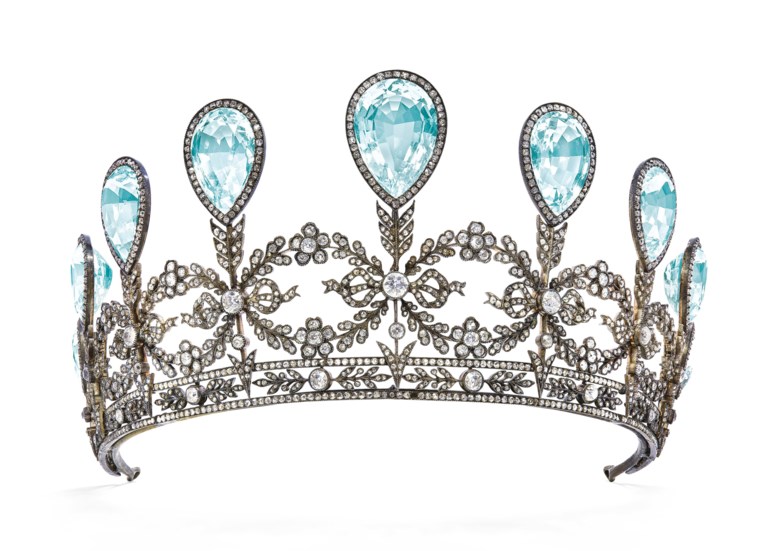 A rare aquamarine and diamond tiara, by Fabergé, 1904. Sold for CHF 1,035,000 on 15 May 2019 at Christie’s in Geneva