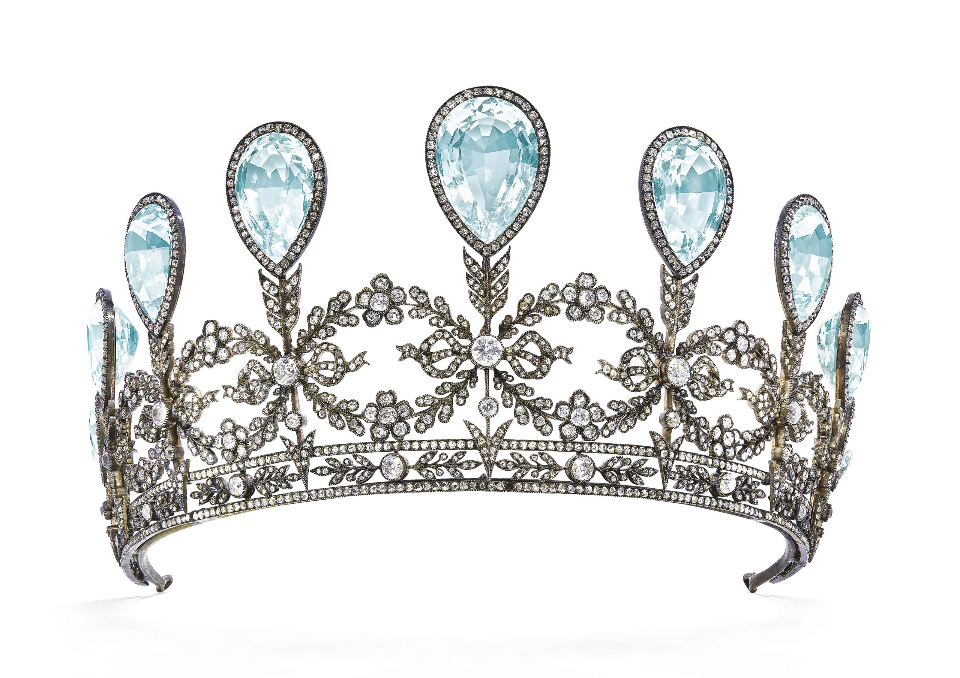 A rare aquamarine and diamond tiara, by Faberg&eacute;, 1904. Sold for CHF 1,035,000 on 15 May 2019 at Christie&rsquo;s in Geneva