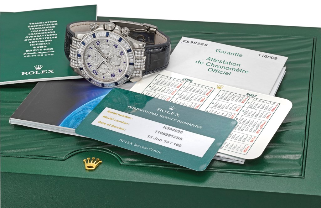 Rolex An Extremly Rare And Highly Attractive 18k White Gold Diamond Sapphire Set Automatic Chronograph Wristwatch With Original Guarantee And Box