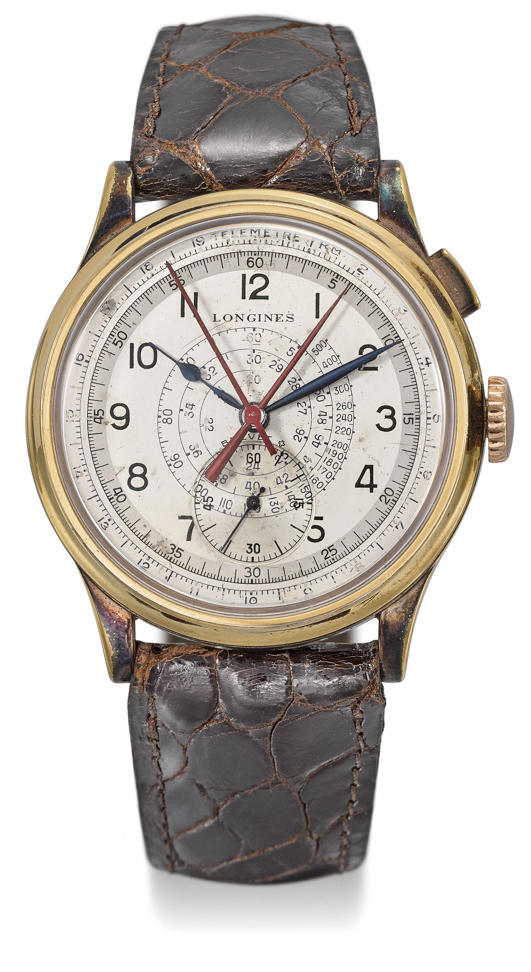 Longines. A rare gold-plated and stainless steel single button flyback ...