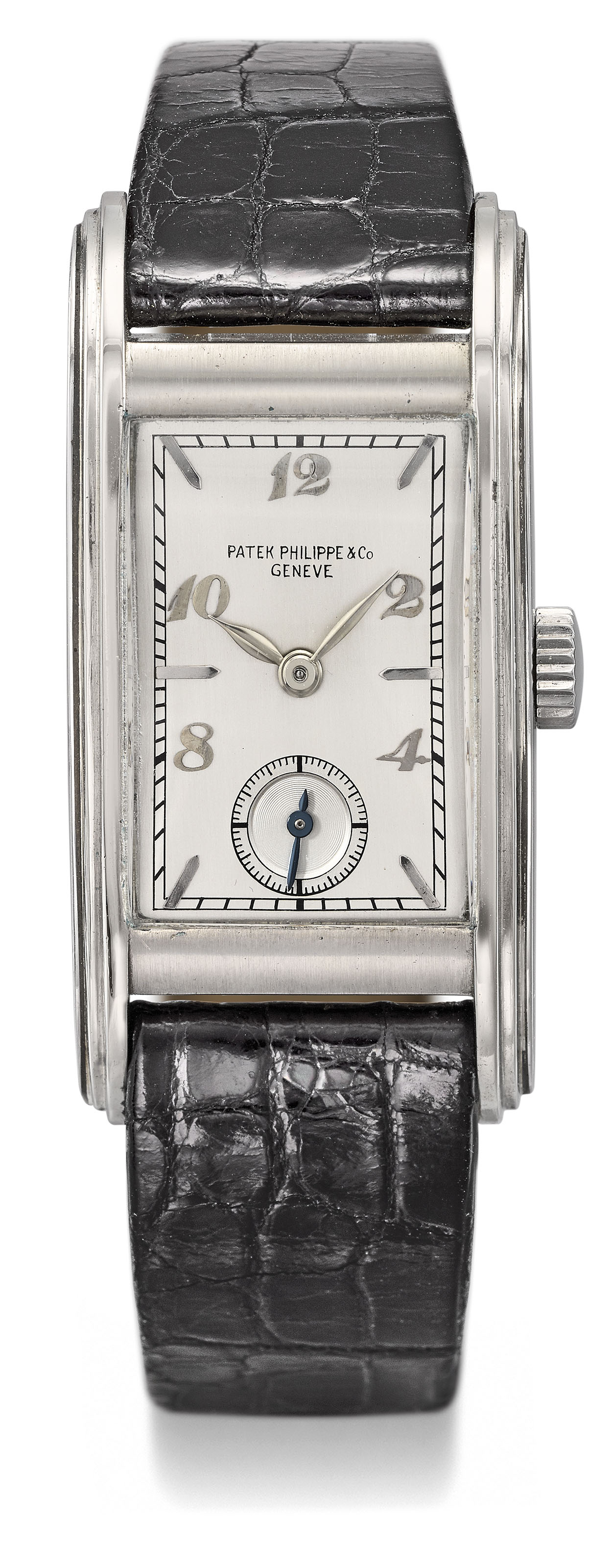 PATEK PHILIPPE. A LARGE AND ATTRACTIVE STAINLESS STEEL RECTANGULAR ...