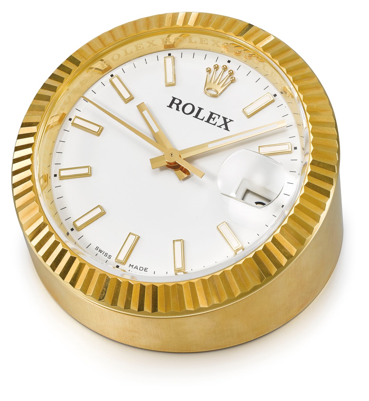 ROLEX. A RARE AND VERY HEAVY GILT BRASS DISPLAY DESK CLOCK WITH SWEEP