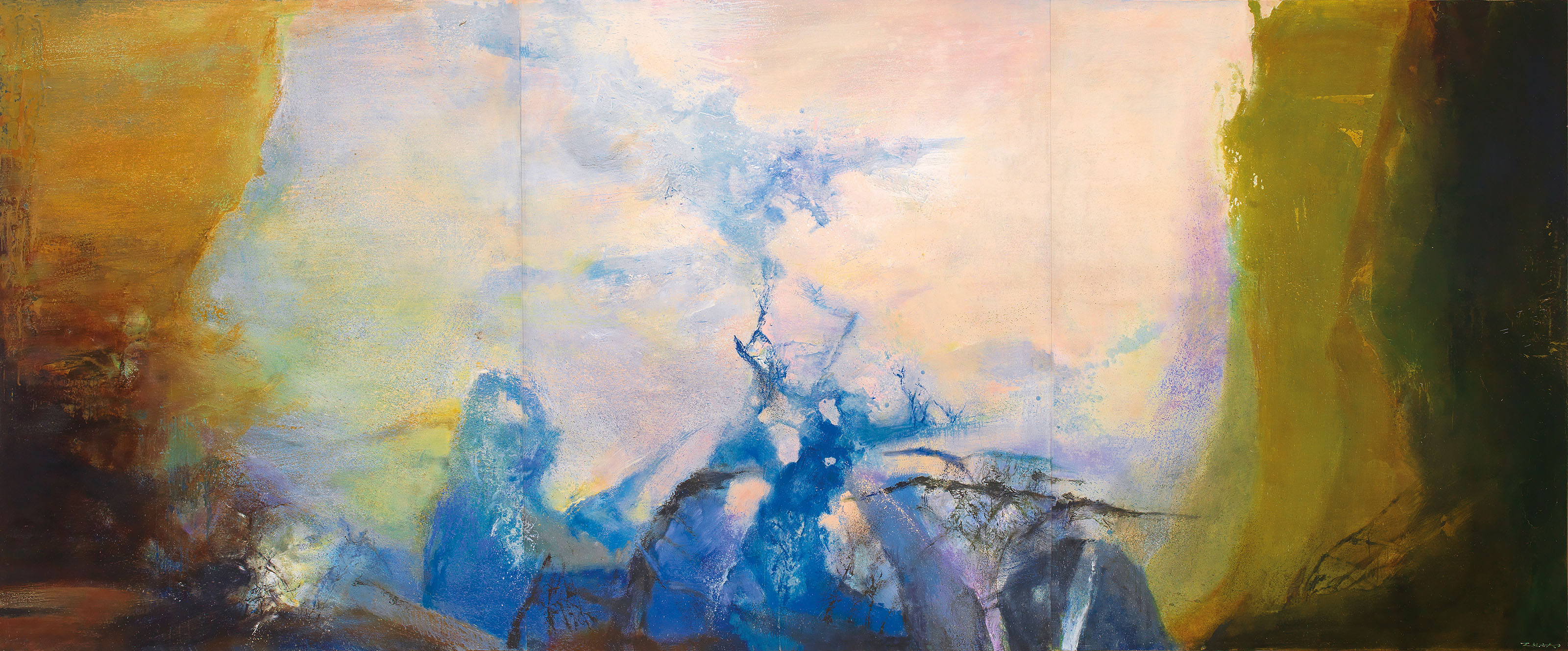 Zao Wou-Ki (Zhao Wuji, 1920-2013), Triptyque, 1987-1988. Oil on canvas. Overall: 200 x 486  cm (78&frac34; x 191⅜  in). Sold for HK$178,000,000 in&nbsp;20th Century &amp; Contemporary Art (Evening Sale) on 25 May 2019 at Christie&rsquo;s in Hong Kong