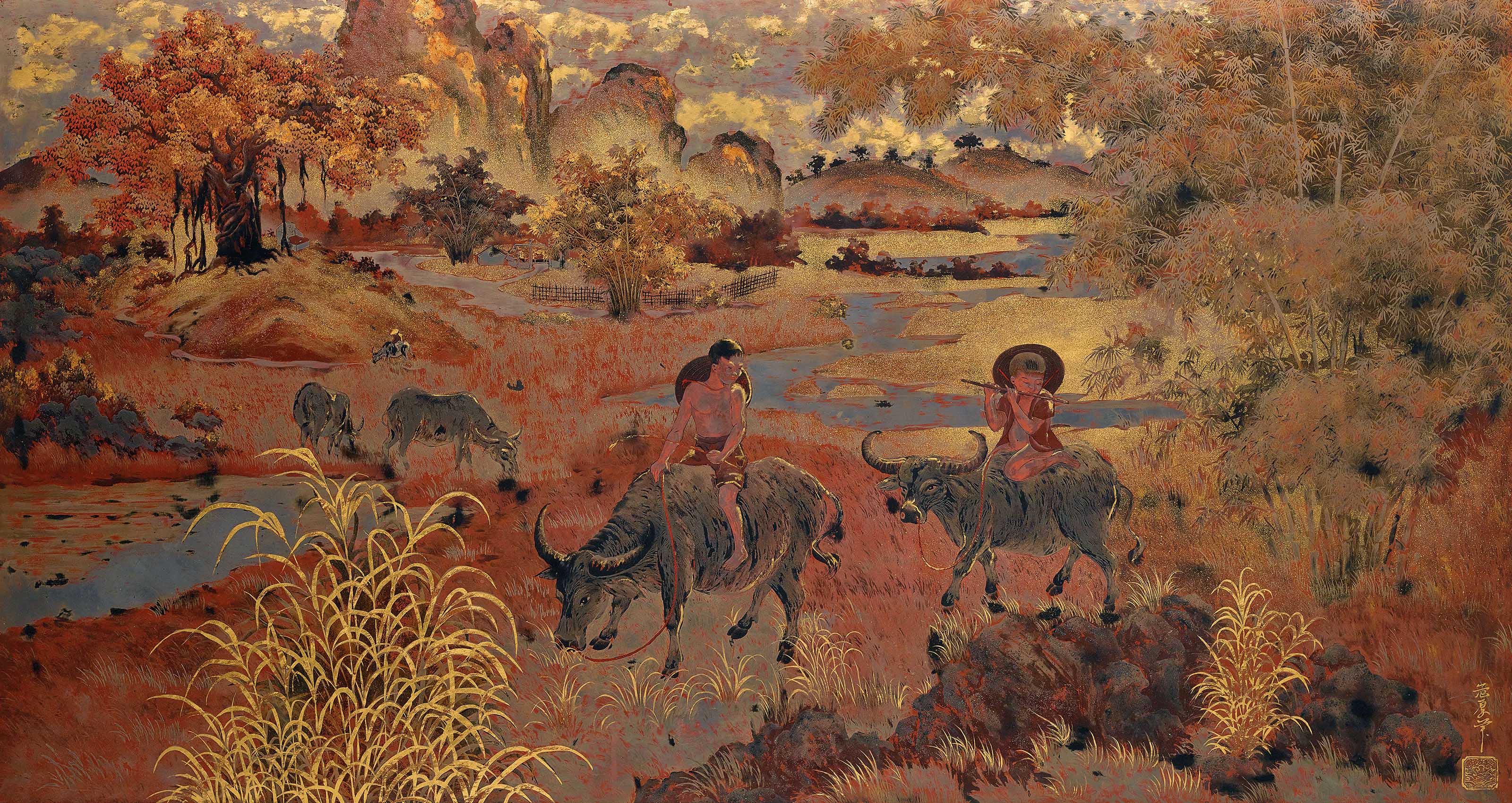 Pham Hau Vietnam 1903 1995 Young Cowherds In Tonkinese