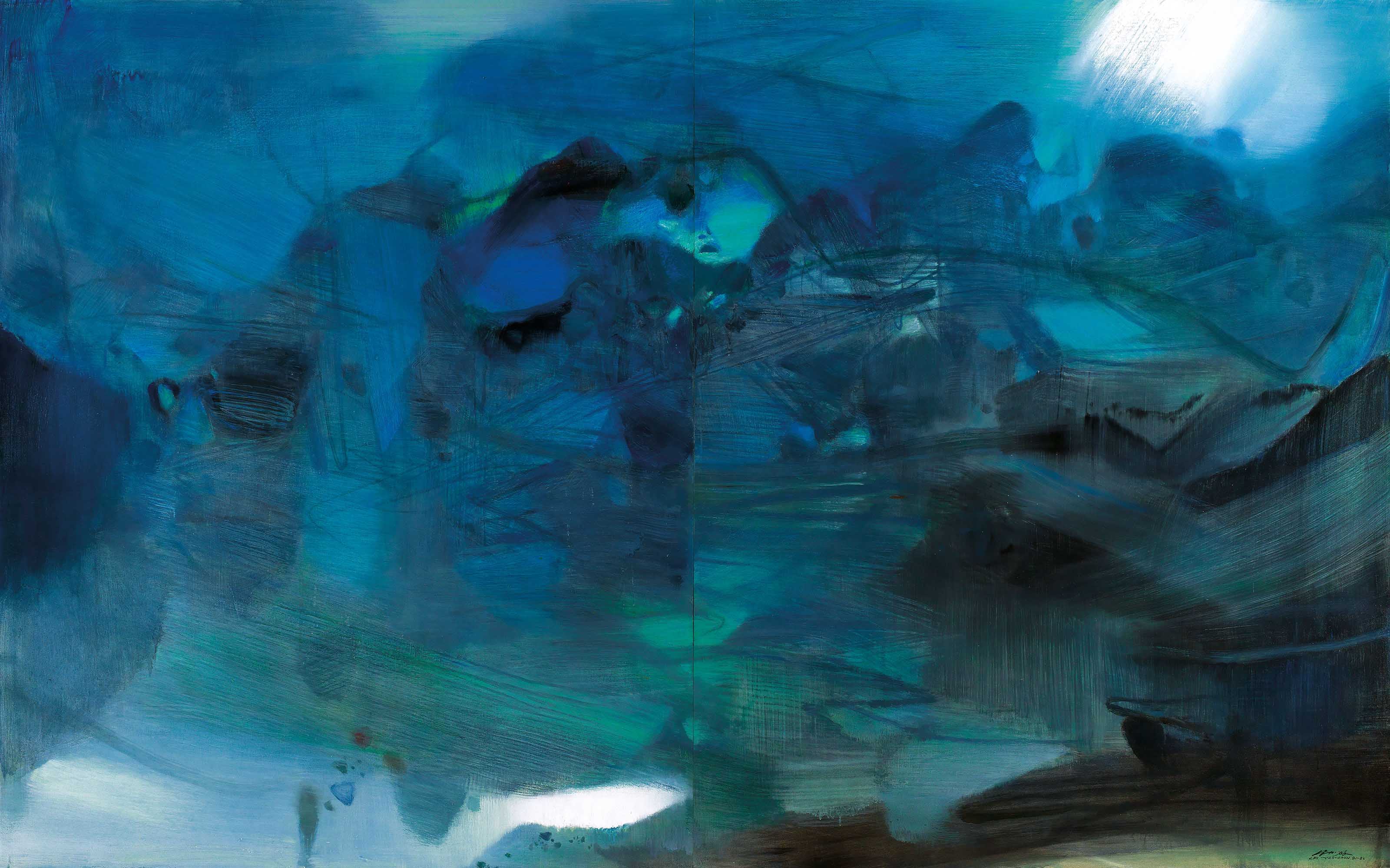 朱德群，《晴》，油彩 画布 (二联作)，1982年作。全幅：162 x 260公分（63 3/4 x 102 3/8寸）。估价：25,000,000&ndash;35,000,000港元。此拍品将于2019年11月23日佳士得香港二十世纪及当代艺术 晚间拍卖呈献