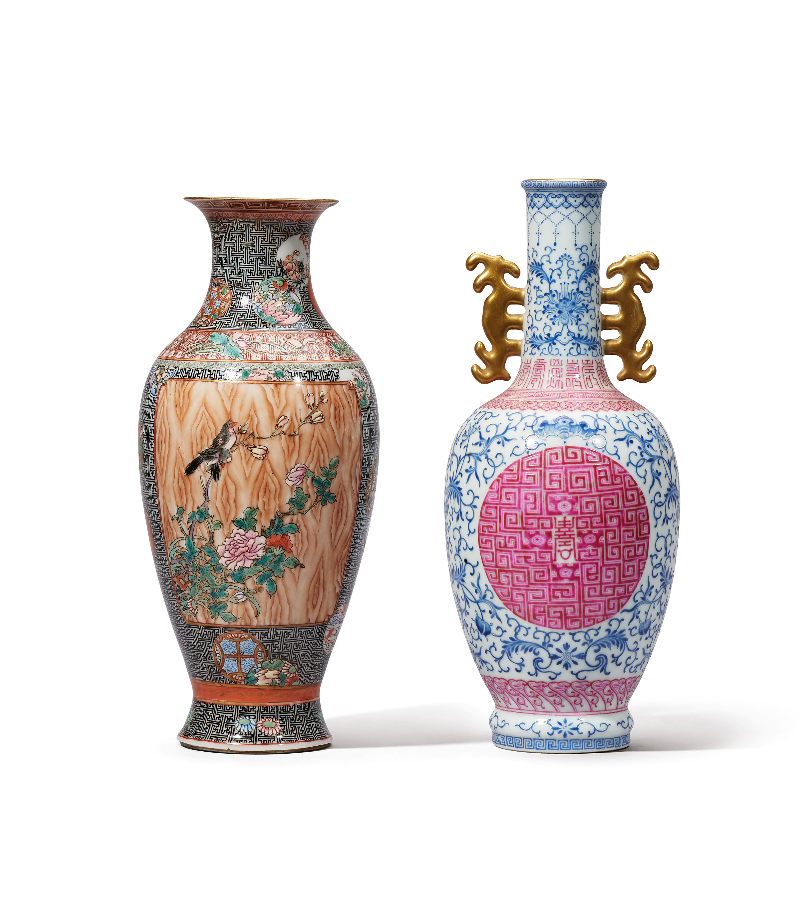 A Famille Rose Faux Bois Paired Birds Vase And A Puce And Blue