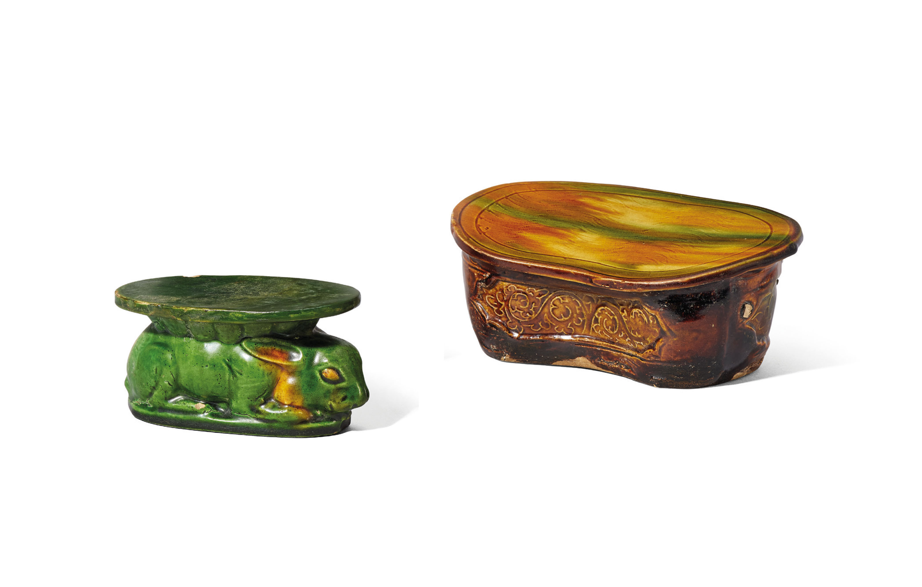 A Green And Amber Glazed Rabbit Form Pillow And A Chengguan Sancai