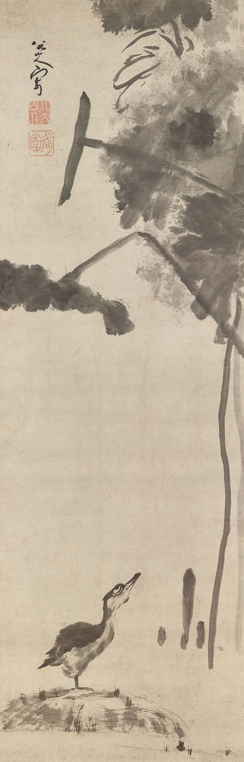 八大山人（1626-1725） 荷鹭图。106 x 34.3公分（41¾ x 13½吋）。2019年5月27日于佳士得香港售出，成交价6,125,000港元