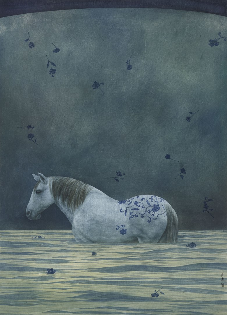 Xu Lei (b. 1963), Departing Horse, 1997. Scroll, mounted and framed, ink and colour on paper. 30⅝ x 22 in (78 x 56  cm). Sold for HK$1,062,500 on 25 November 2019 at Christie’s in Hong Kong