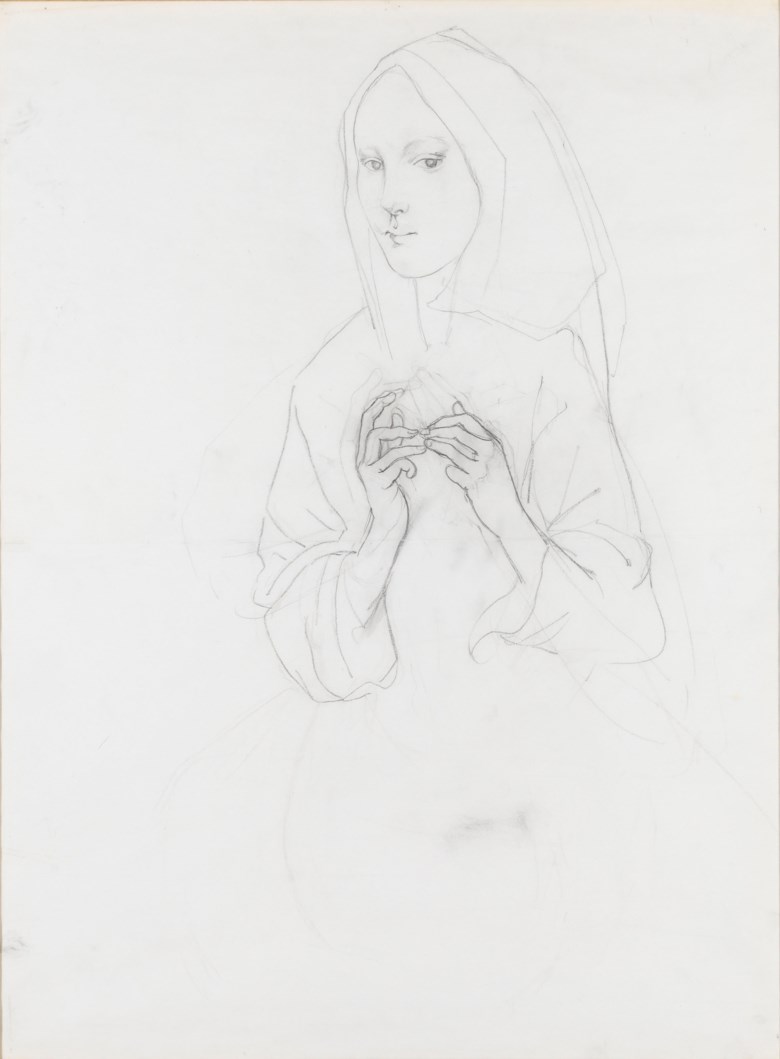 藤田嗣治（1886-1968），《蒙着面纱的女人》。铅笔 纸本。64.7 x 50公分（25 ½ x 19 58吋）。估价：60,000-100,000港元。此拍品将于2019年11月19至26日佳士得网上专场亚洲当代艺术：Art on the Runway呈献