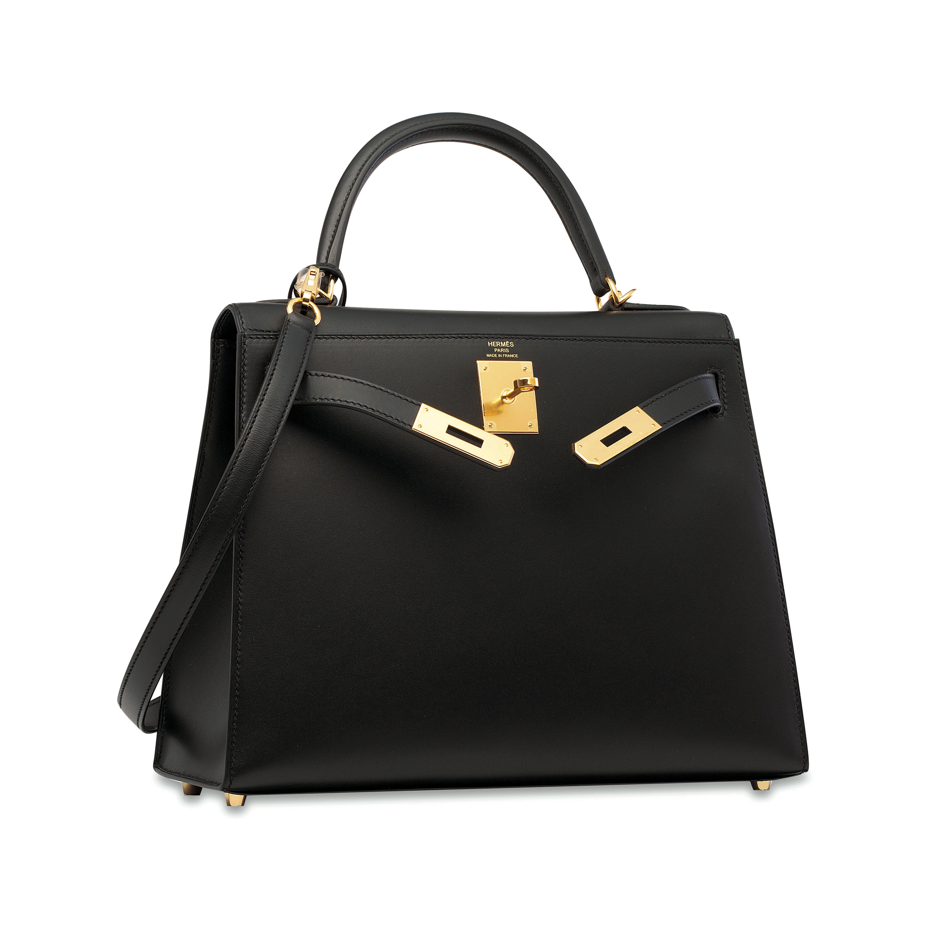 A BLACK CALF BOX  LEATHER  SELLIER KELLY  28 WITH GOLD 