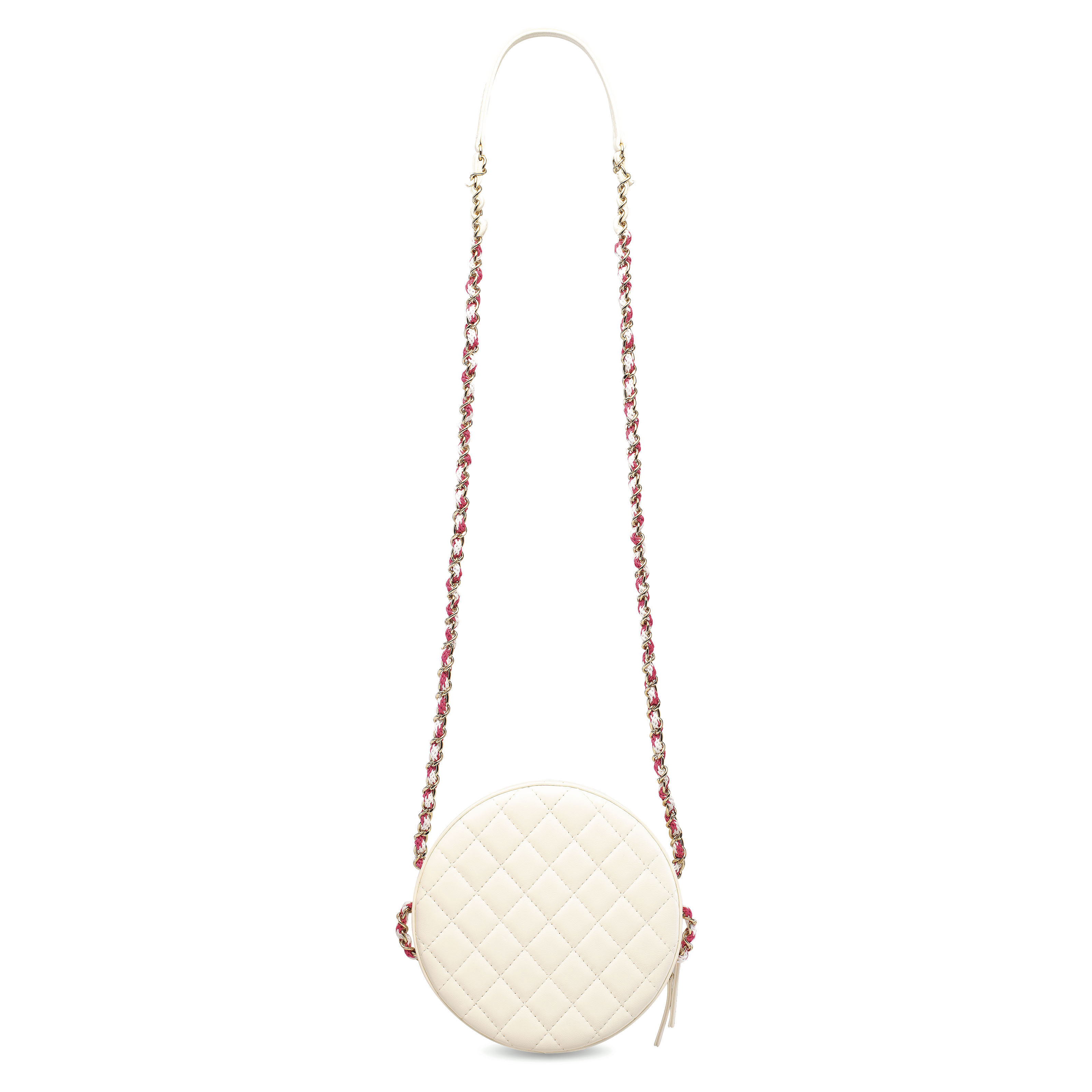 a pink white lambskin leather lifesaver small round bag with silver hardware