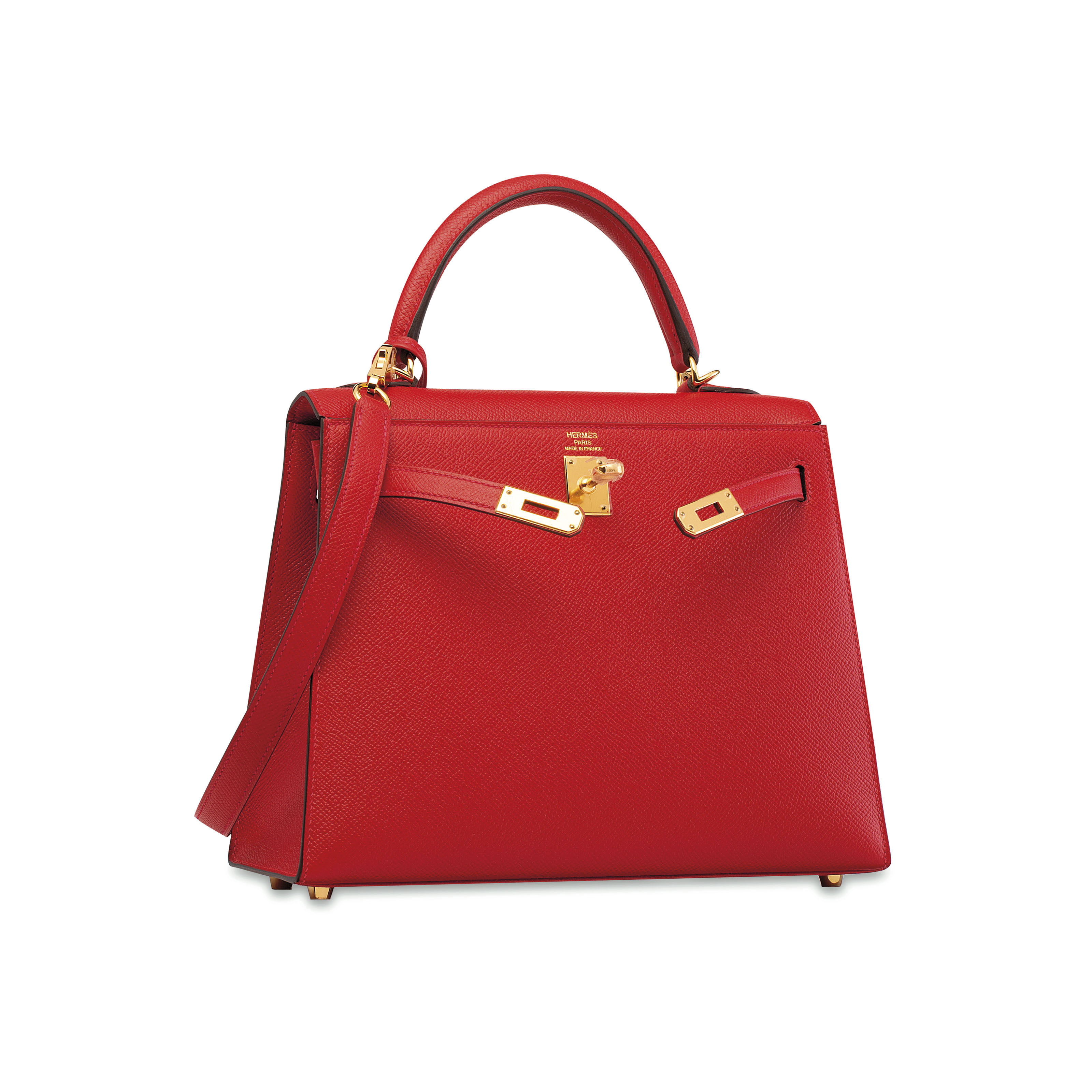 A ROUGE CASAQUE EPSOM LEATHER SELLIER KELLY 25 WITH GOLD HARDWARE ...