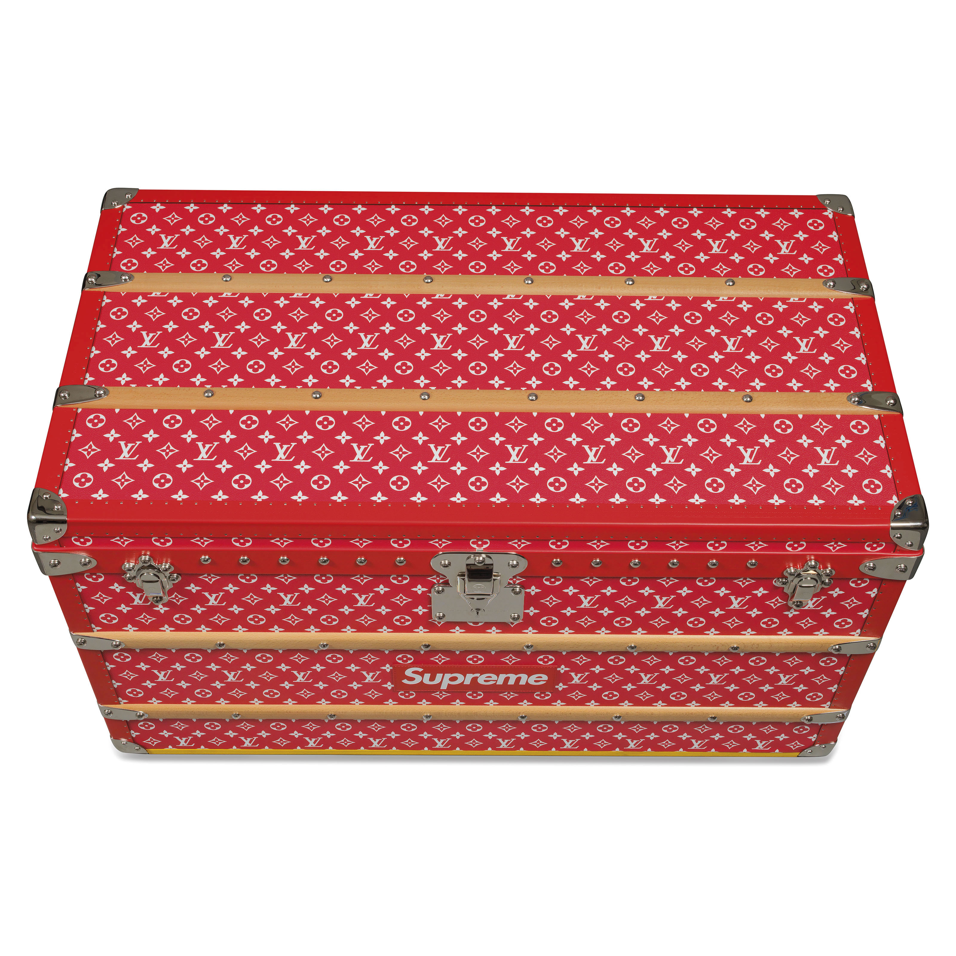 A LIMITED EDITION RED WHITE MONOGRAM MALLE COURRIER 90 TRUNK WITH SILVER HARDWARE BY SUPREME LOUIS VUITTON 2017 Christie s