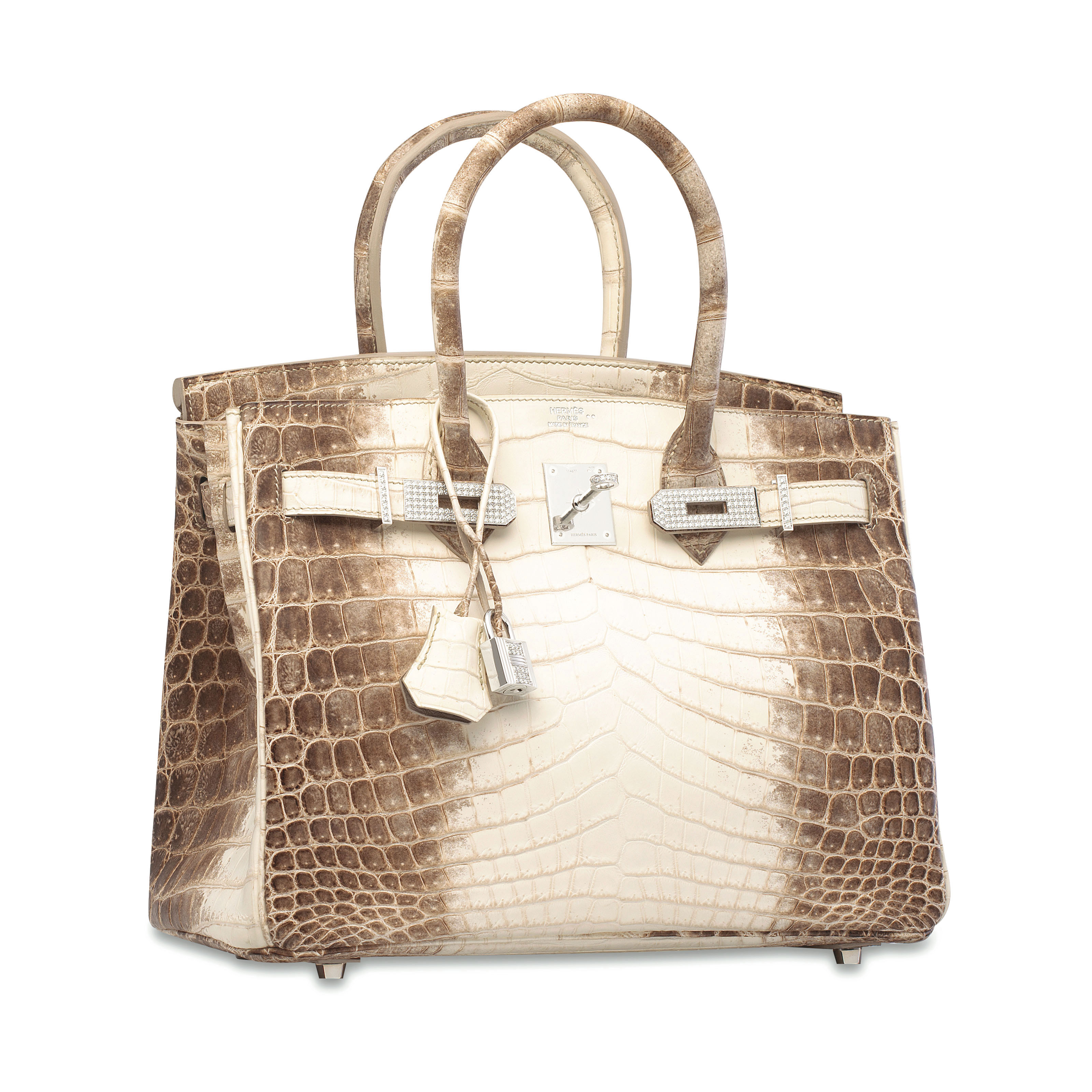 AN EXCEPTIONAL, MATTE WHITE HIMALAYA NILOTICUS CROCODILE DIAMOND BIRKIN 30  WITH 18K WHITE GOLD & DIAMOND HARDWARE …