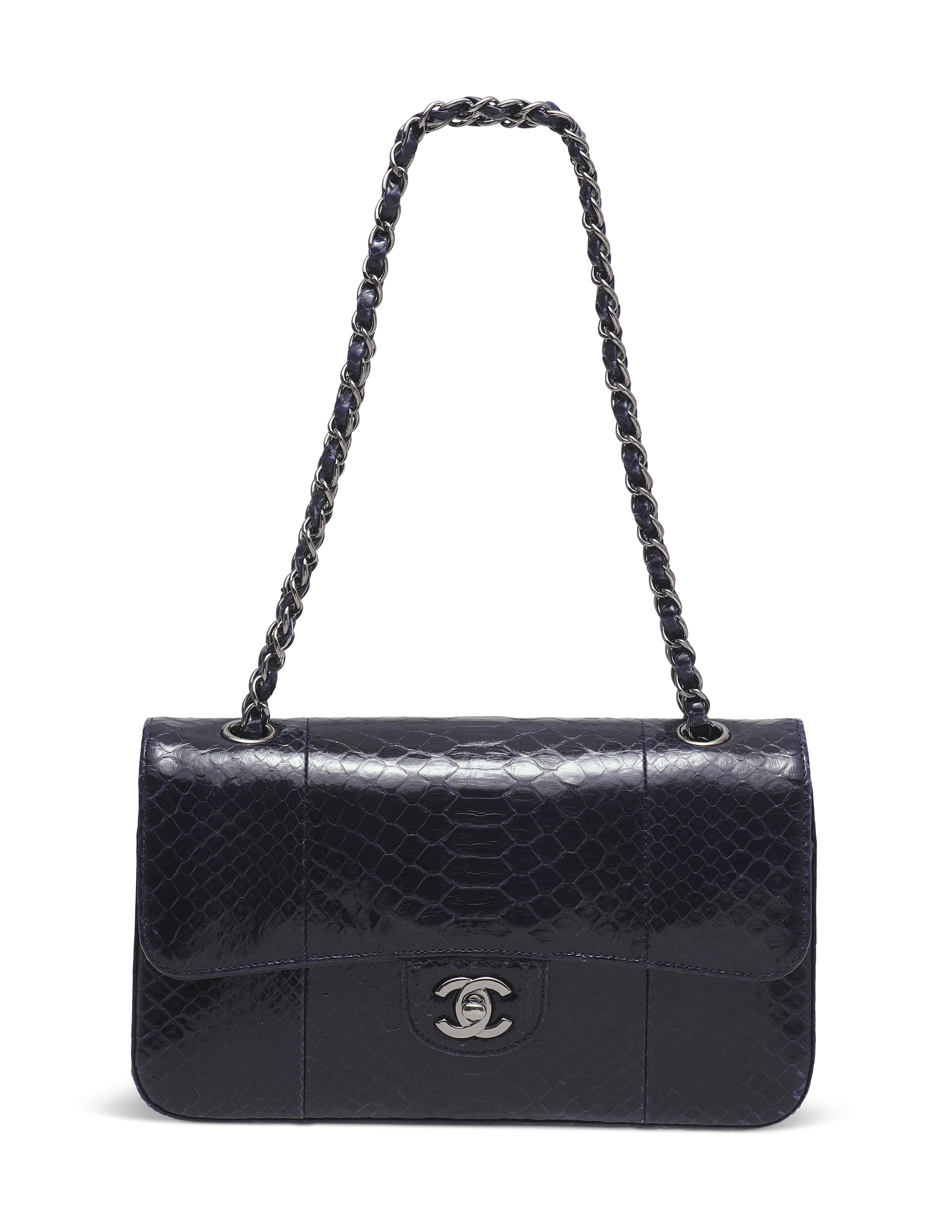 A SHINY NAVY BLUE PYTHON CLASSIC MEDIUM DOUBLE FLAP BAG WITH SILVER HARDWARE CHANEL 2014 Christie s