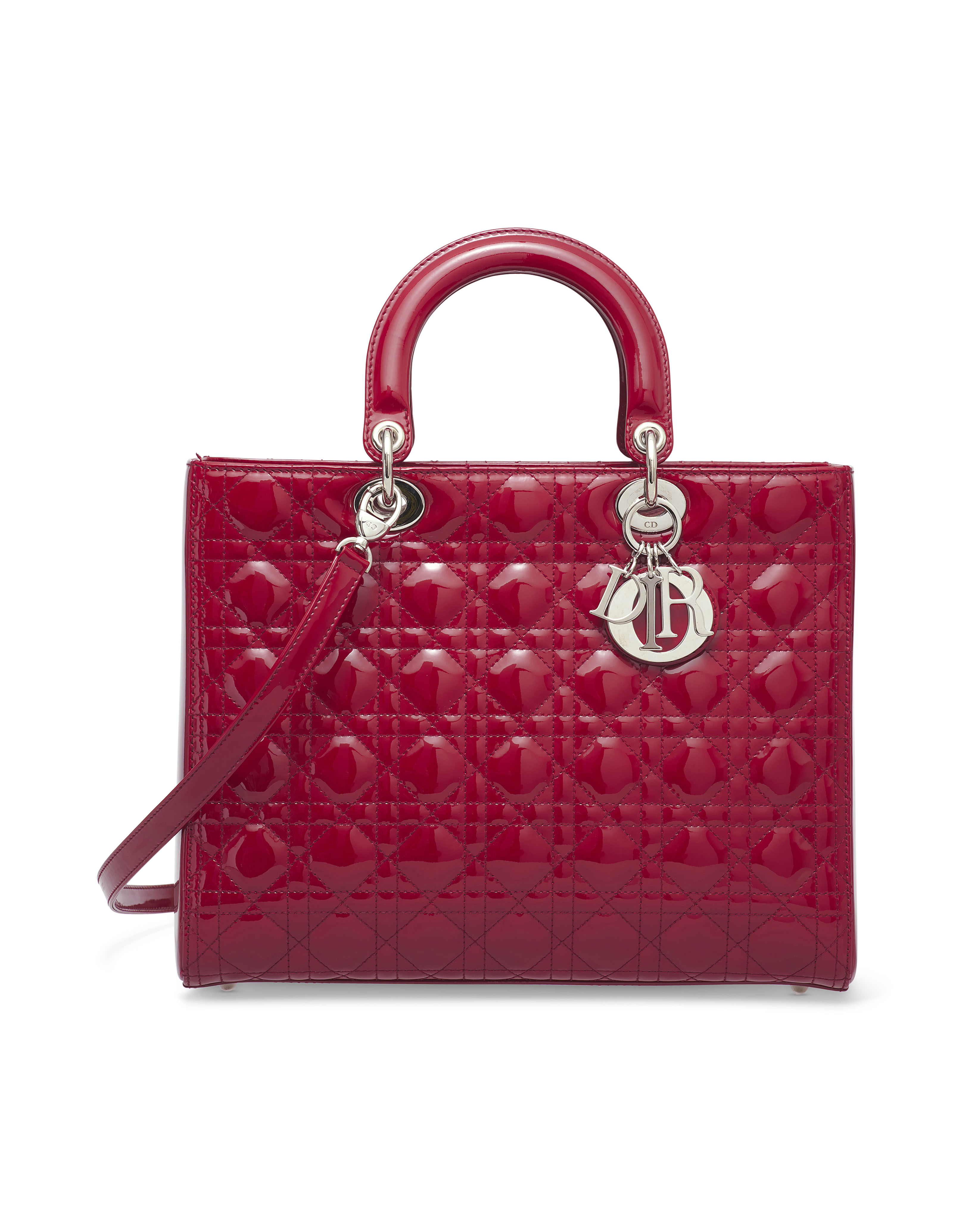 A CHERRY RED QUILTED PATENT LEATHER LARGE LADY DIOR WITH SILVER