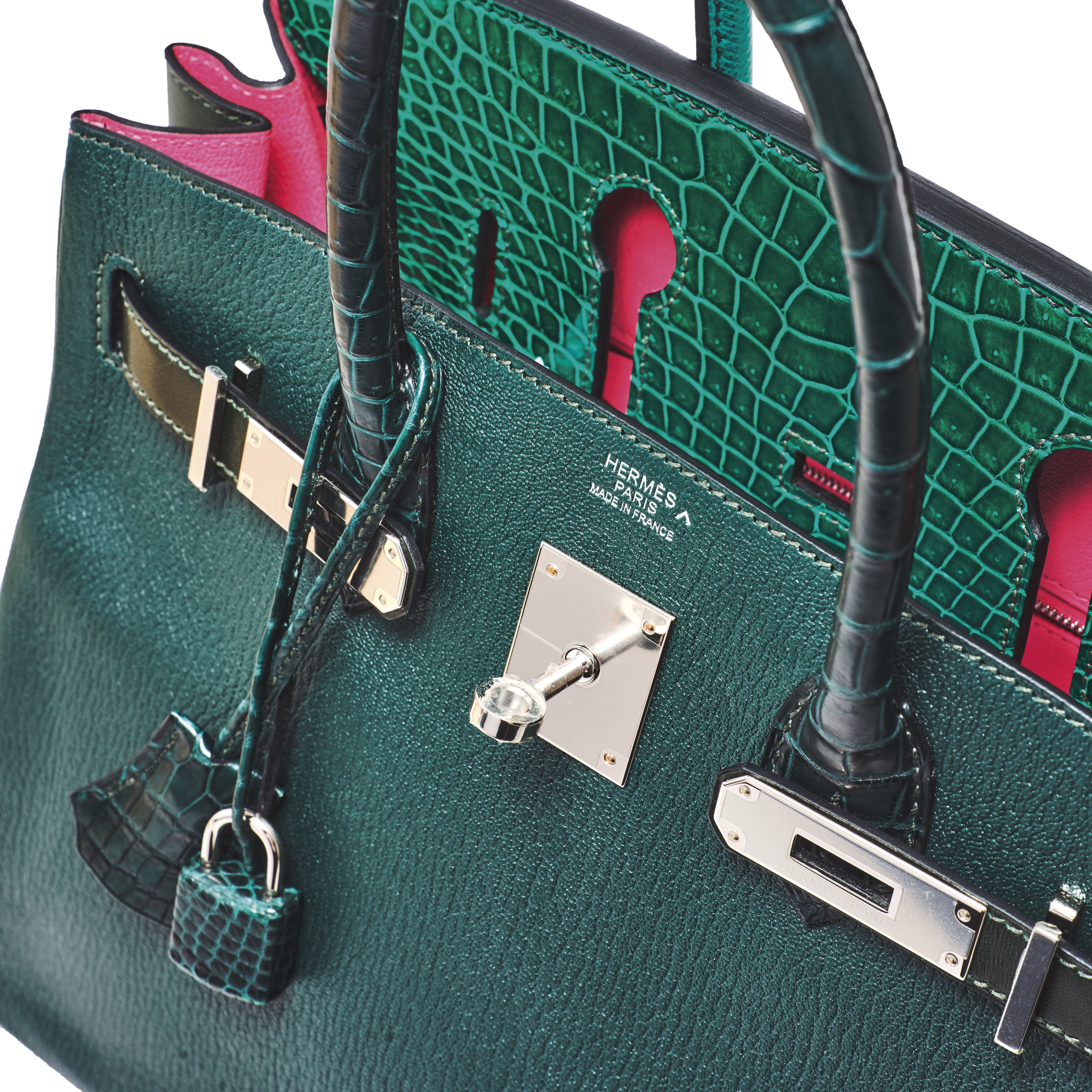 Hermès Birkin 30cm Crocodile Patchwork Emerald Green Rose Azalee