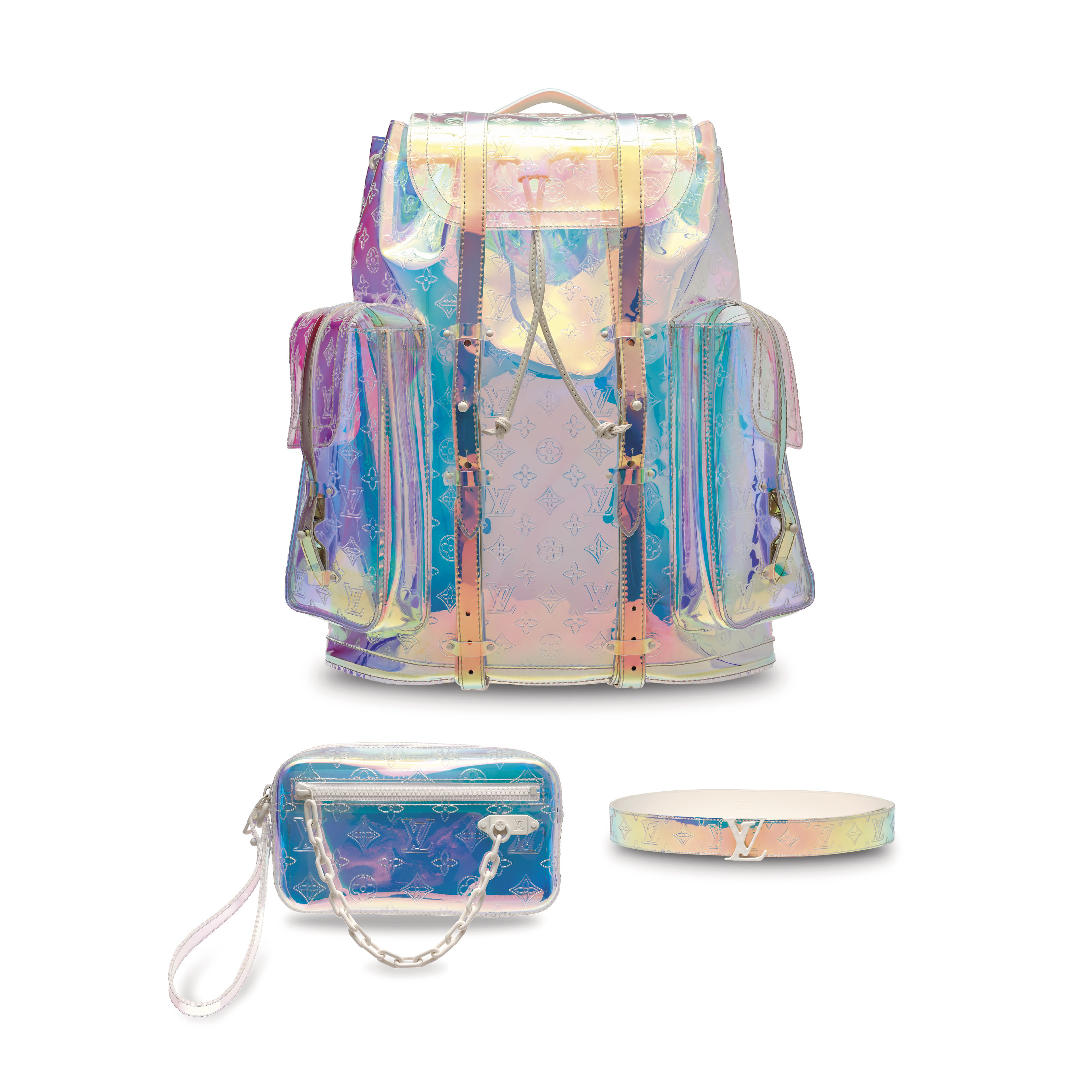 A Set Of Three A Limited Edition Iridescent Prism Monogram Christopher Gm Backpack Pochette Volga Pouch Lv 40mm Belt By Virgil Abloh