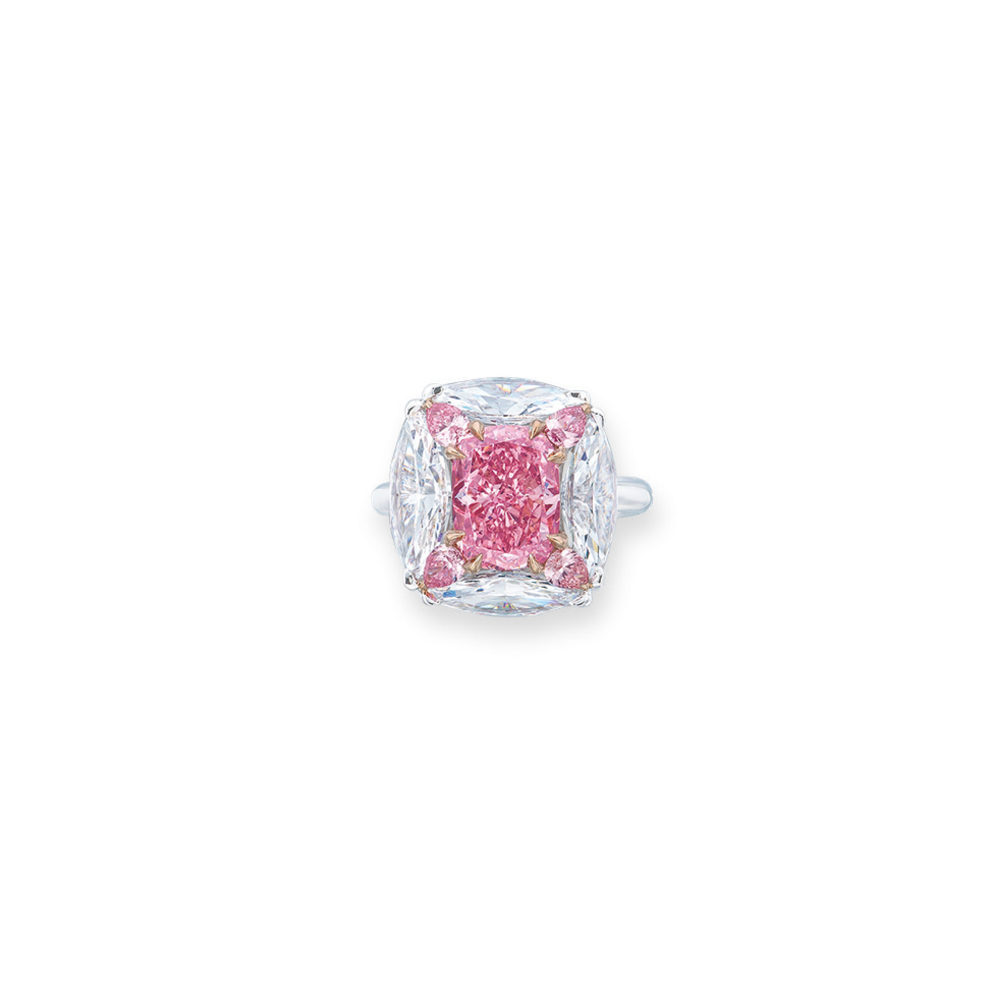 「The Bubble Gum Pink」，3.43克拉鮮彩紫粉紅色IF鑽石戒指，Moussaieff設計。估價：46,800,000 - 65,000,000港元。2019年5月28日於佳士得香港瑰麗珠寶及翡翠首飾拍賣售出，成交價58,825,000港元。