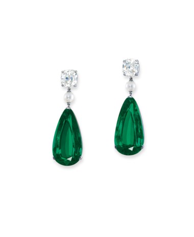 Superb emerald, diamond and pearl earrings. Sold for HK$34,925,000 on 28 May 2019 at Christie’s in Hong Kong