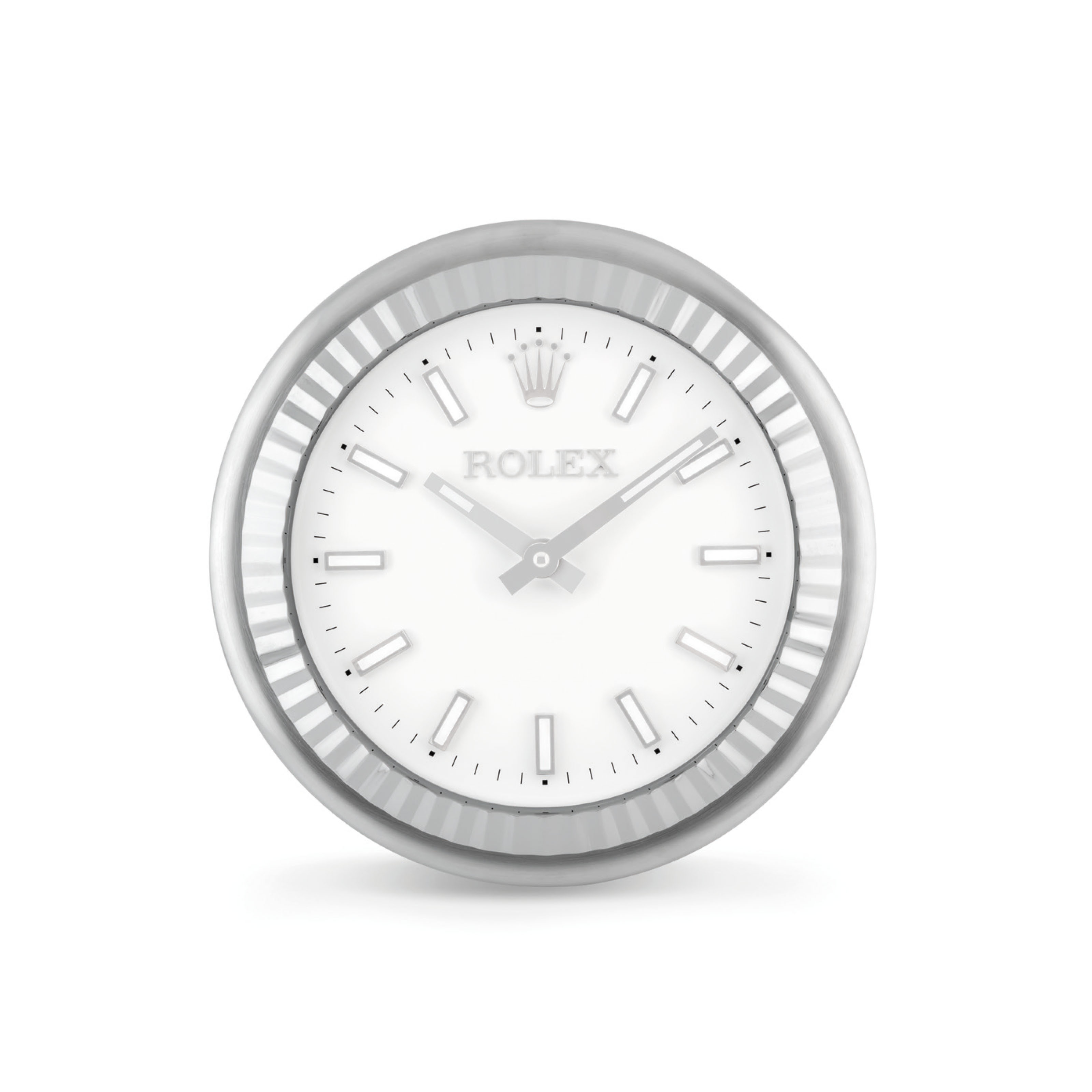 INDUCTA FOR ROLEX. A UNUSUAL STAINLESS STEEL QUARTZ WALL CLOCK , SIGNED