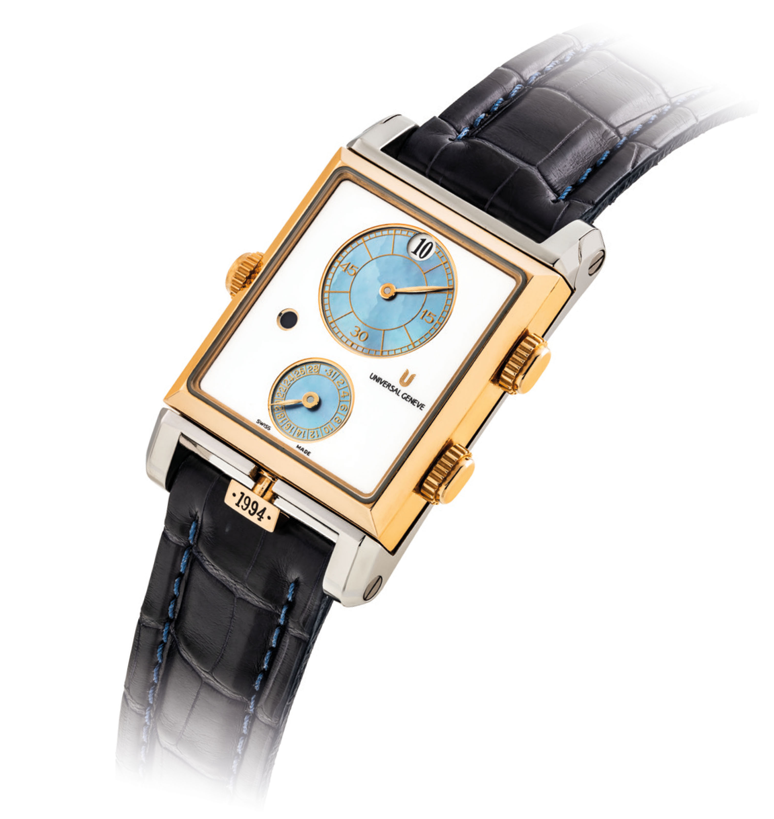 UNIVERSAL GENEVE. A FINE AND UNIQUE PLATINUM 18K PINK GOLD AND DIAMOND SET RECTANGULAR DOUBLE DIALED CABRIOLET WRISTWATCH WITH JUMP HOUR DUAL TIME DATE AND MOTHER OF PEARL DIAL SIGNED UNIVERSAL GENEVE...