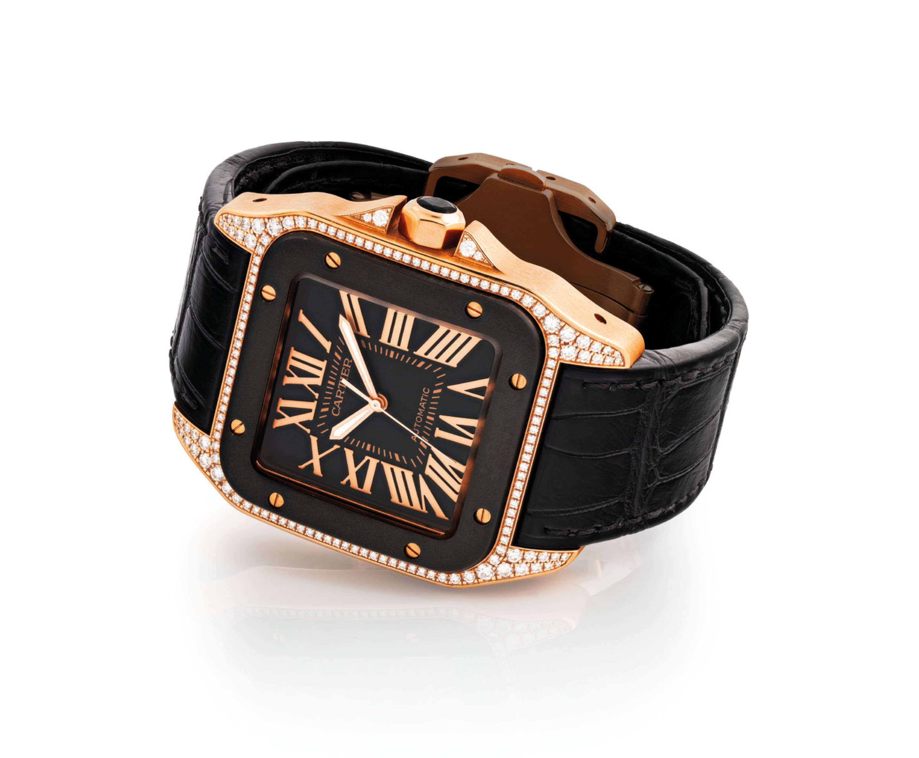 CARTIER. A FINE 18K PINK GOLD AND DIAMONDSET SQUARE AUTOMATIC