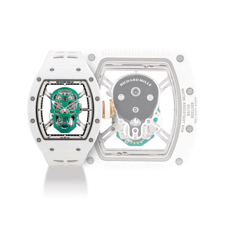 Richard Mille，极罕有白陶瓷及18K玫瑰金限量版酒桶形陀飞轮腕表，亚洲限量版，“Tourbillon Skull”型号，编号0106，型号RM52-01 AN RG-ATZ，约2015年制。2019年5月27日于佳士得香港以5,285,000港元成交