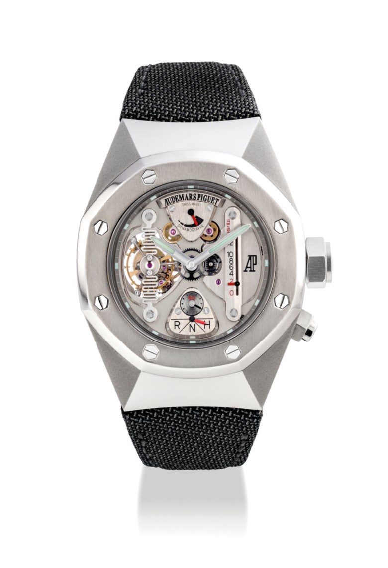Audemars Piguet. A fine, rare and unusual alacrite and titanium limited-edition semi-skeletonised tourbillon wristwatch with power reserve and dynamographe indications, c. 2004. Signed Audemars Piguet, Royal Oak Concept Watch 1 Model, movement no. 543’801, case no. E88280. Sold for HK$1,375,000 on 27 May 2019 at Christie’s in Hong Kong