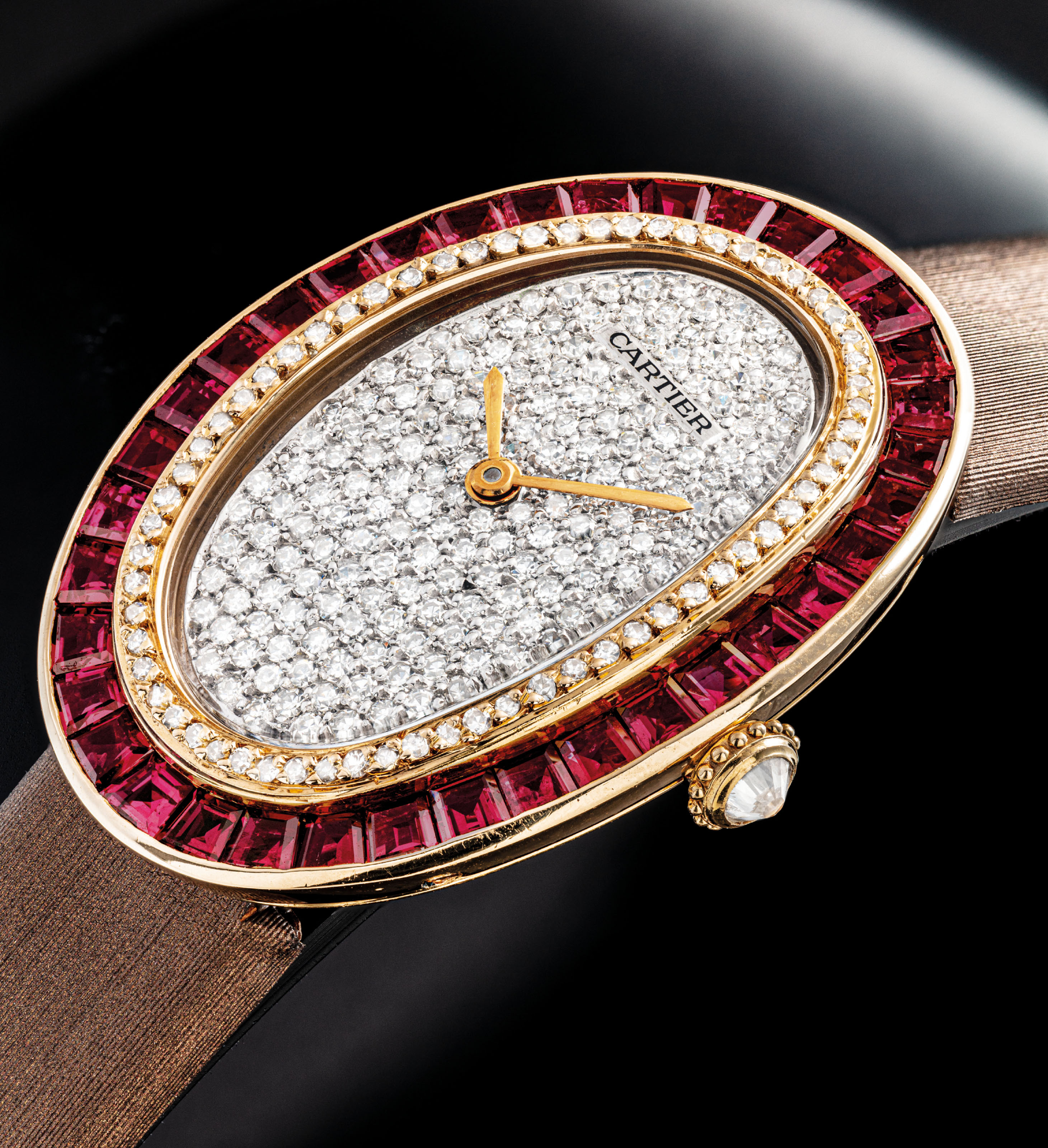Cartier A Lady S Fine And Elegant 18k Gold Ruby And Diamond Set Oval Shaped Wristwatch Signed Cartier Paris Baignoire Model Case No 780 947 693 Circa 1990 1990s Manual Winding Christie S