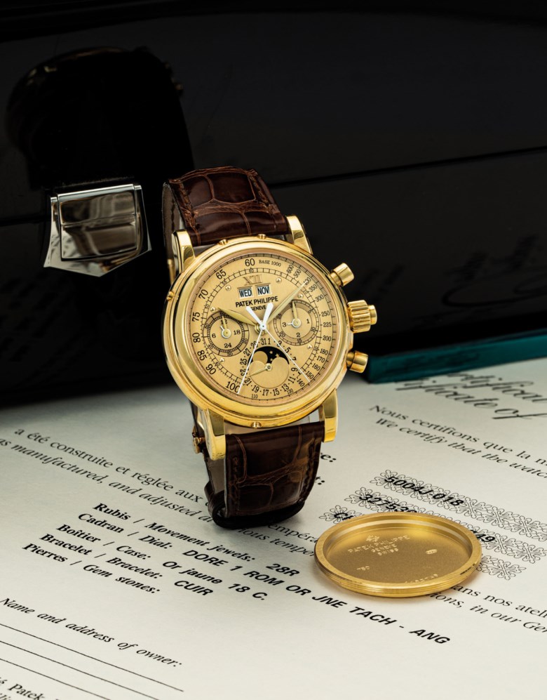 Patek Philippe. A fine and very rare 18k gold perpetual calendar split seconds chronograph wristwatch with, moon phases, 24 hour and leap year indication and possibly unique champagne tachometre dial. Signed Patek Philippe, Geneve, ref. 5004, movement no. 3275301, case no. 4453749, manufactured in 2009. Sold for HK$4,685,000 on 27 November 2019 at Christie’s in Hong Kong