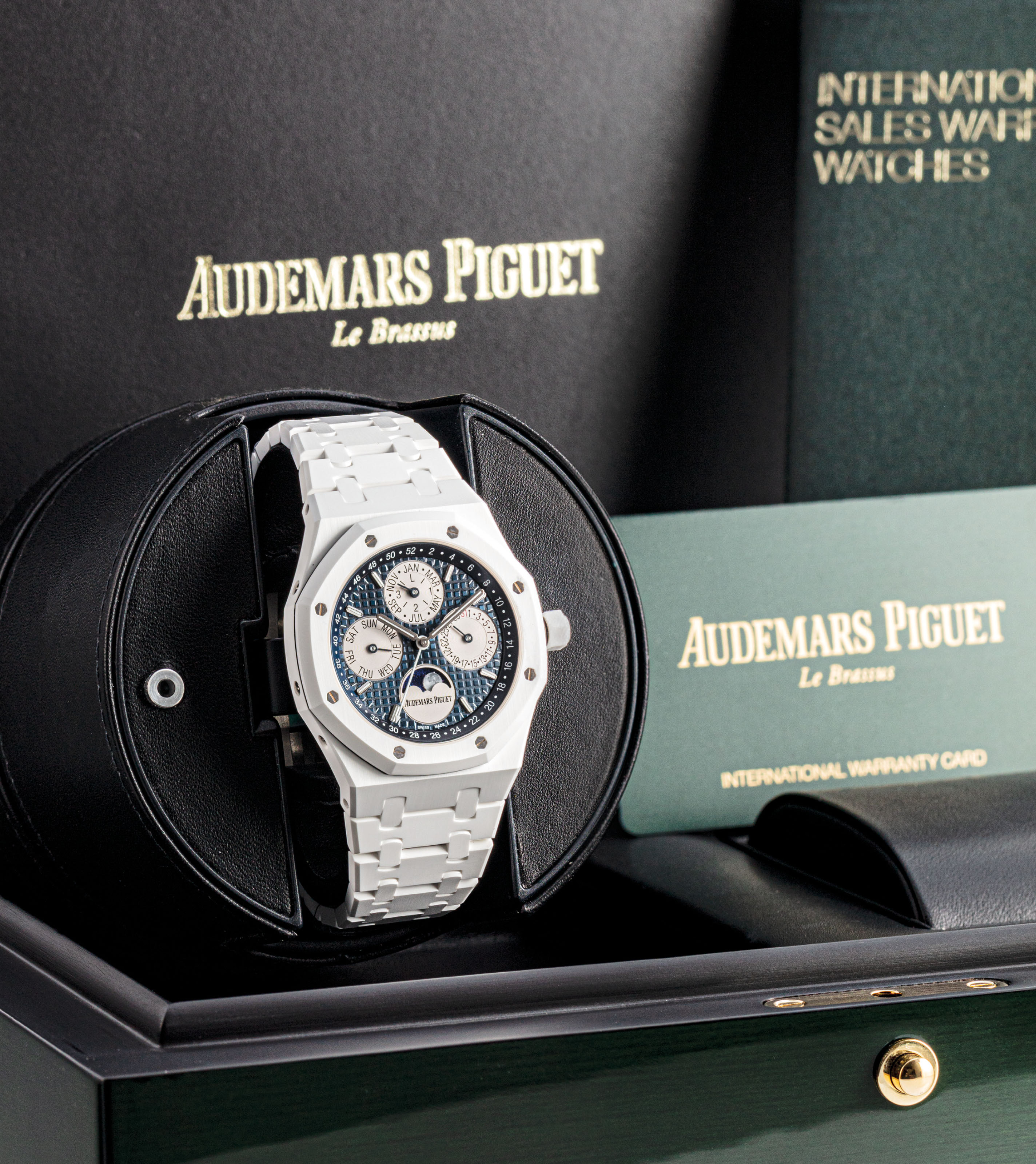 Audemars Piguet A Very Fine And Rare White Ceramic Automatic Perpetual Calendar Wristwatch With Moon Phases Leap Year Indiction And Bracelet Signed Audemars Piguet Royal Oak Quantieme Perpetual Model Ref 26579cb