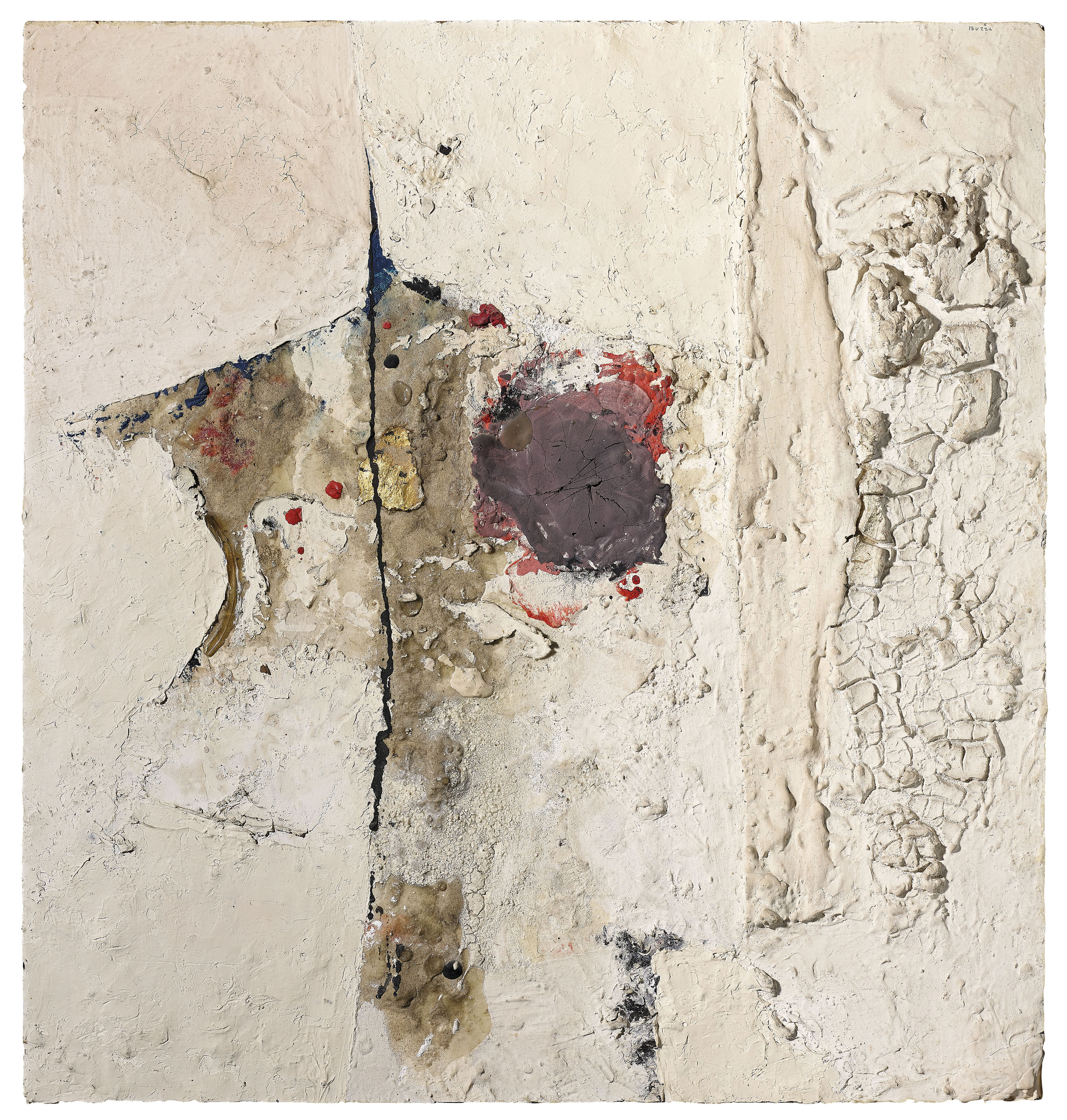 Alberto Burri (1915-1995), Bianco, 1954. Oil, pumice stone, gold, vinavil on Cellotex. 42 x 39.5 cm. Sold for &euro;490,000 on 4 April 2019 at Christie&rsquo;s in Milan