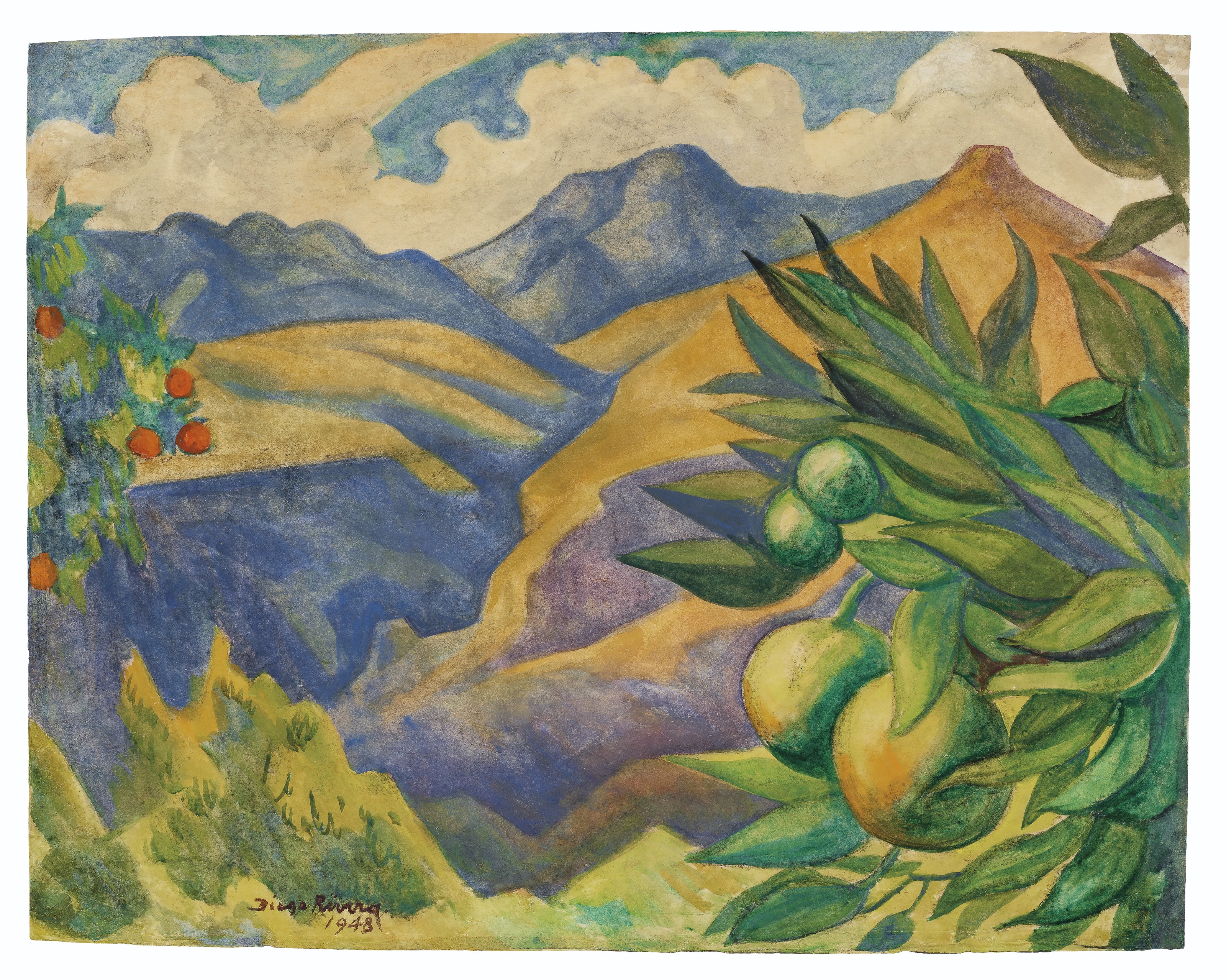 Paisaje con montañas y árboles frutales