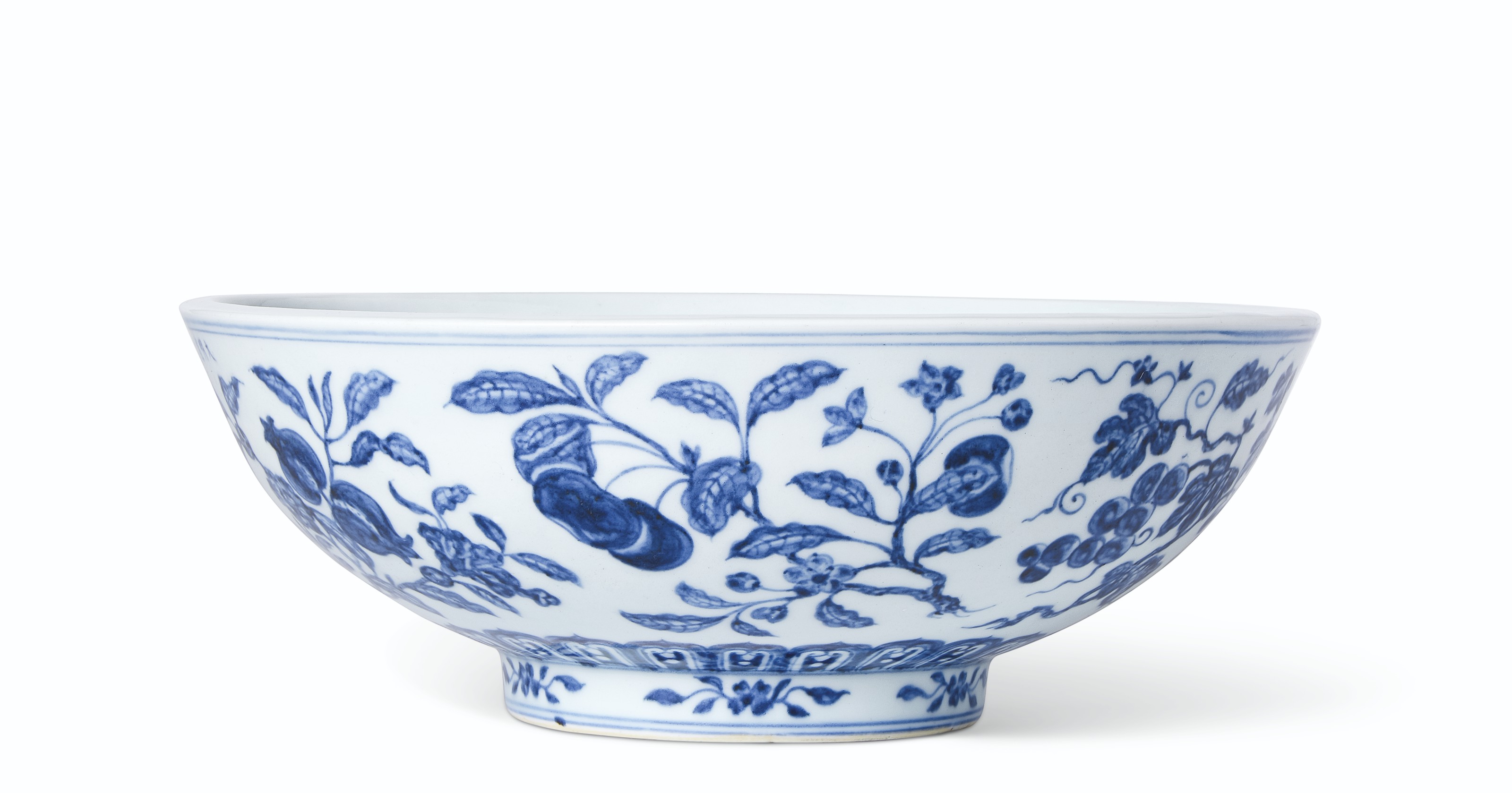 An extremely rare and fine large blue and white &lsquo;fruit spray&rsquo; bowl, Xuande six-character mark in underglaze blue in a line at the rim and of the period (1426-1435). 11⅝  in (29.5  cm)  diam. Estimate: $2,000,000-3,000,000. Offered in Fine Chinese Ceramics &amp; Works of Art on 22 March 2019 at Christie&rsquo;s in New York