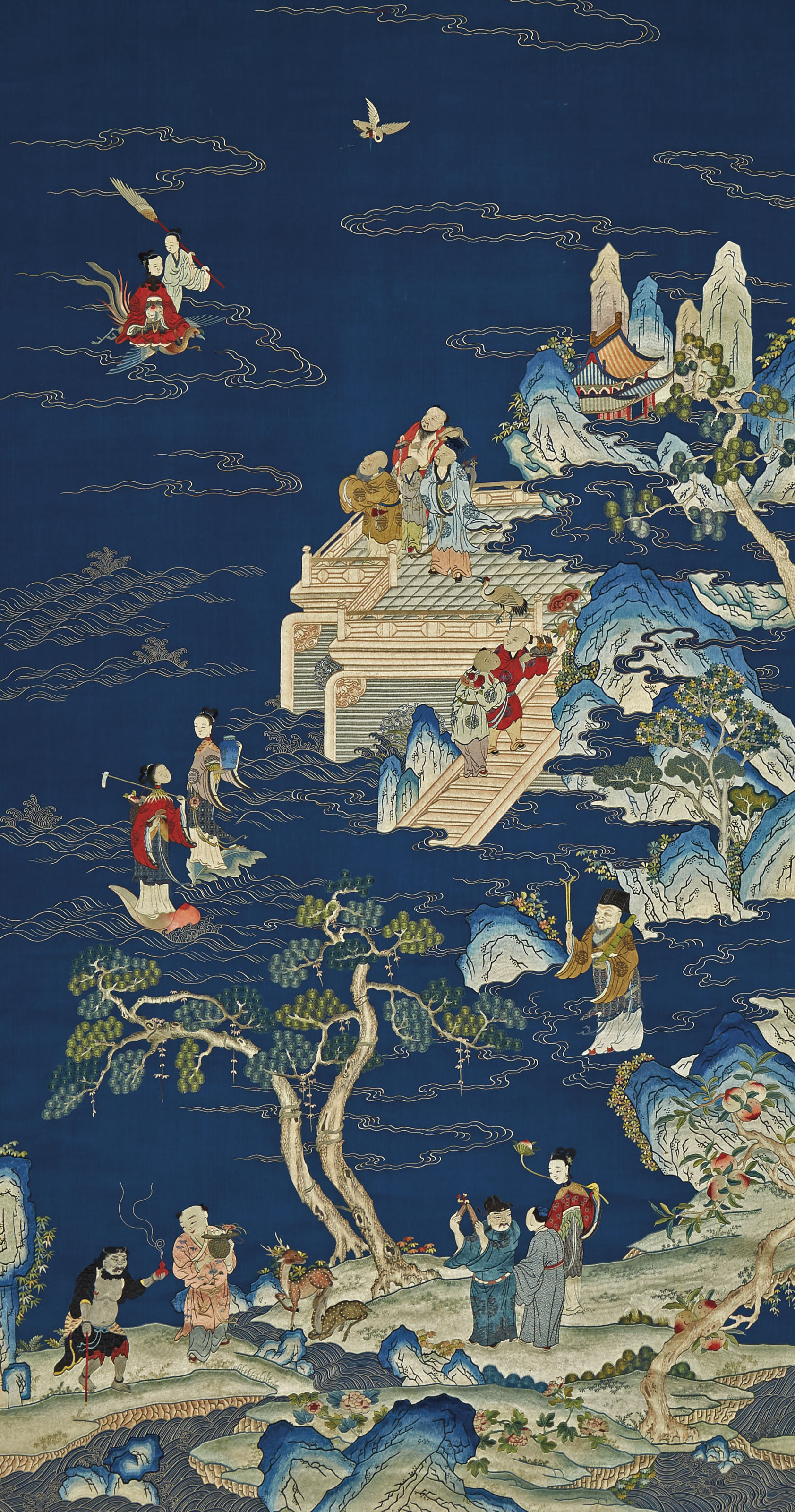 A very fine and large embroidered Daoist immortals 'birthday' panel, Qianlong period (1736-1795). 76 x 41  in (193 x 104  cm), Japanese wood box. Sold for $187,500&nbsp;on 22 March 2019 at Christie&rsquo;s in New York