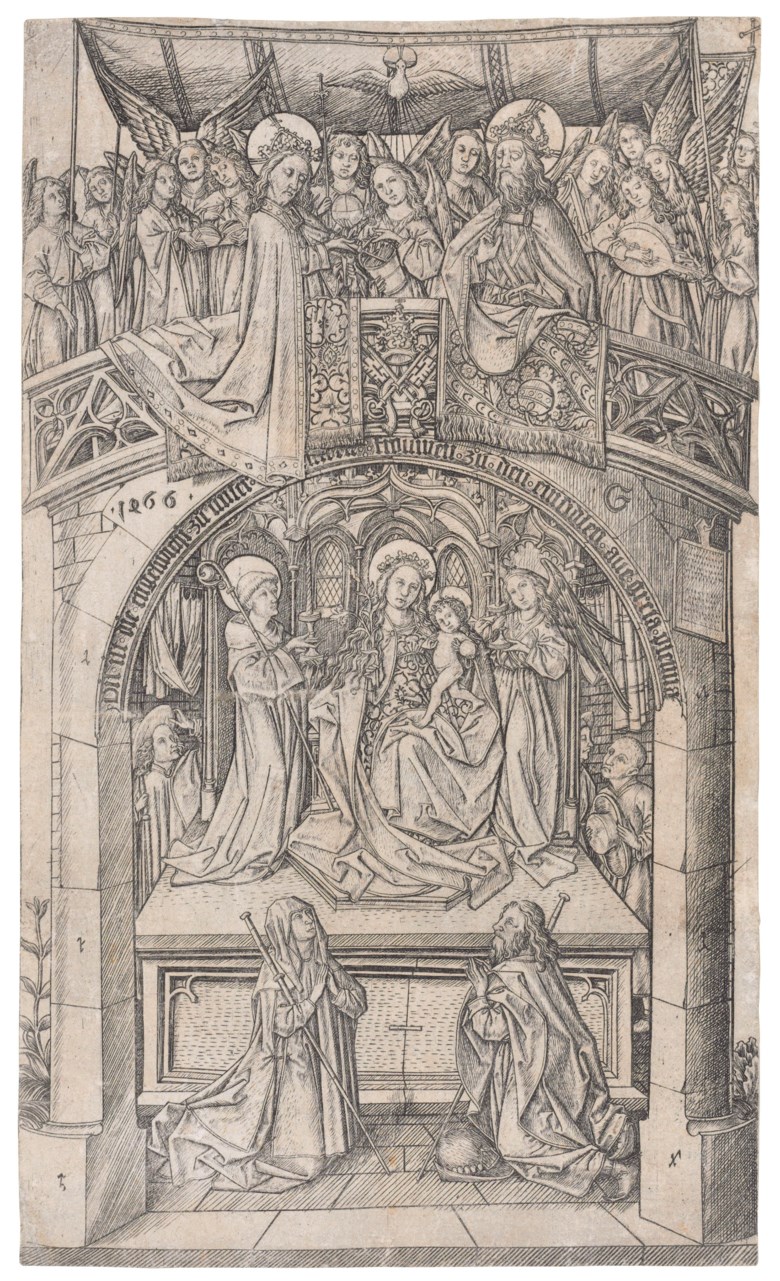 Master E.S. (active circa 1450-67), The Madonna of Einsiedeln Large Version. Sheet 207 x 122  mm. Sold for $372,500 on 29 January 2019 at Christie’s in New York