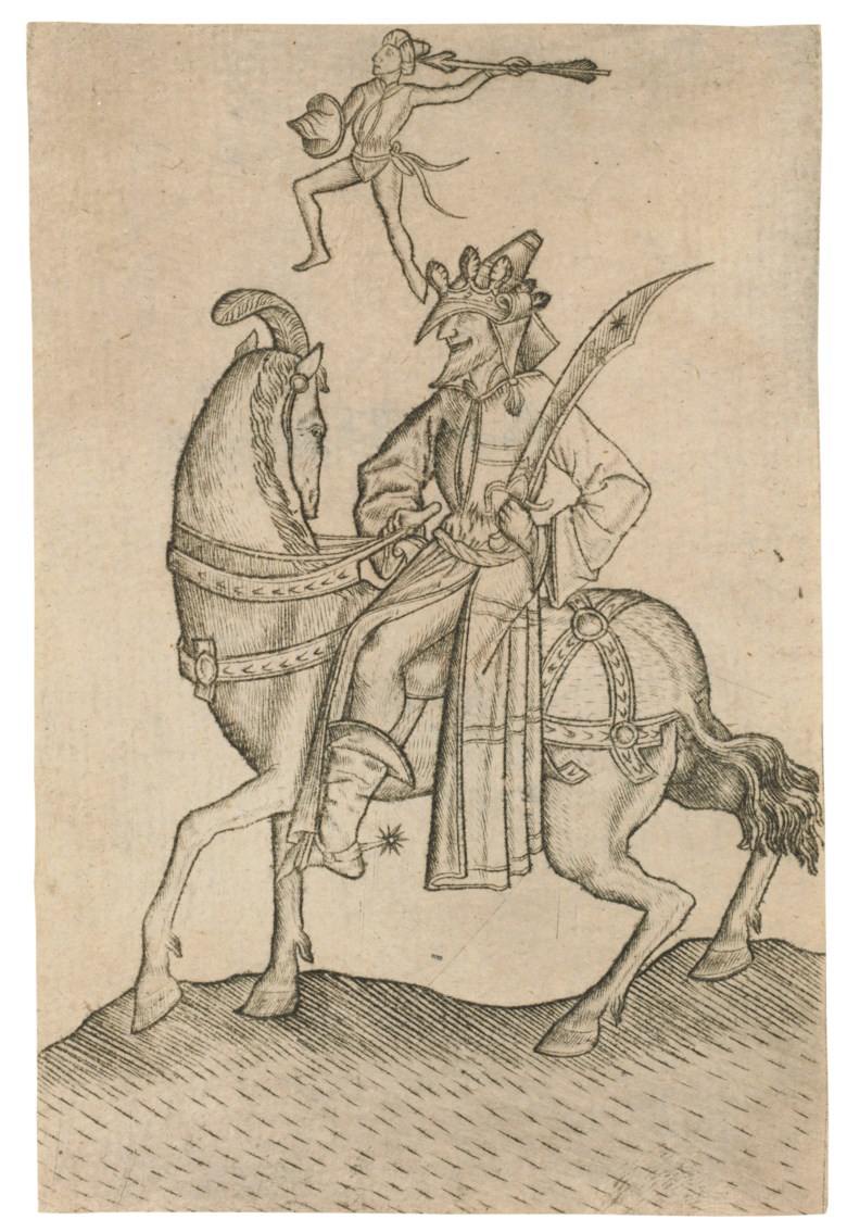 Israhel van Meckenem (1440-1503) After the Master E.S. (active circa 1450-67), The King of Men, from The Large Deck of Playing Cards. Sheet 122 x 81  mm. Sold for $56,250 on 29 January 2019 at Christie’s in New York