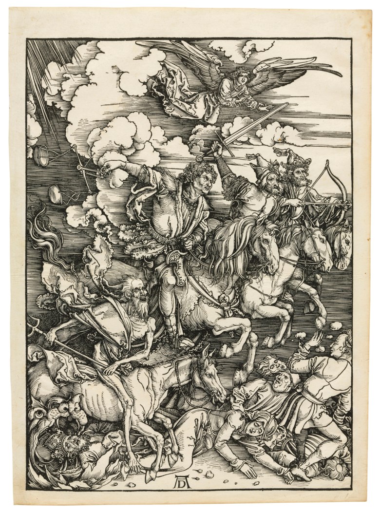 Albrecht Dürer (1471-1528), The Four Horsemen of the Apocalypse, from The Apocalypse. Block 388 x 280  mm, sheet 429 x 305  mm. Sold for $612,5000 on 29 January 2019 at Christie’s in New York