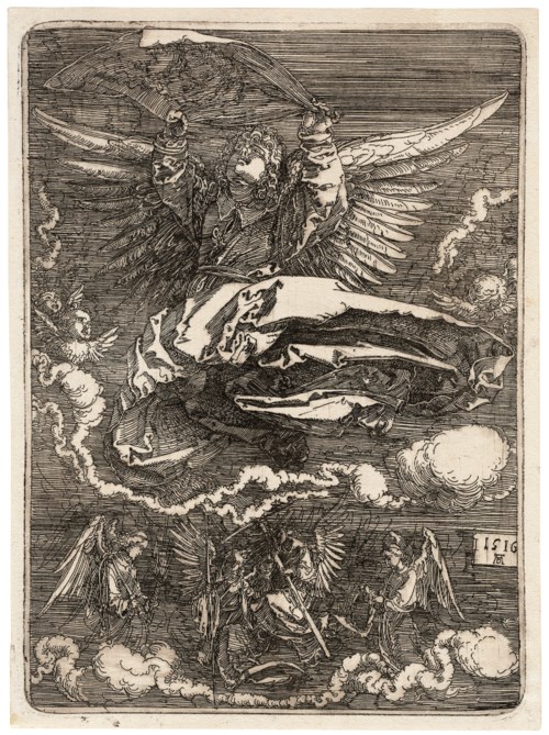阿尔布雷特‧丢勒(1471-1528)，《天使手中的面纱》。印版：187 x 135毫米；纸张：195 x 143毫米。此作于2019年1月29日在佳士得纽约售出，成交价65,000美元
